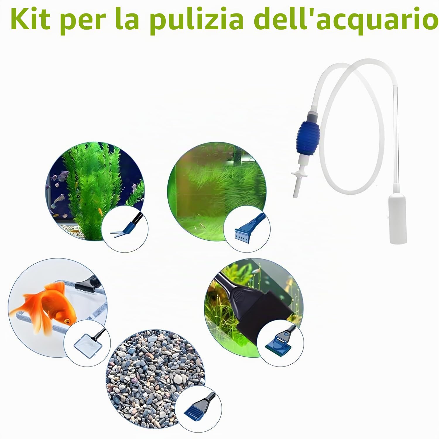 Set Di Pulizia Per Acquario, Pulitore Di Ghiaia Per Acquari, Detergente Per Acquario Accessori, Cambio d'Acqua Per Acquario Detergente, Con 5 Accessori Rimovibili, Per Manutenzione Ordinaria