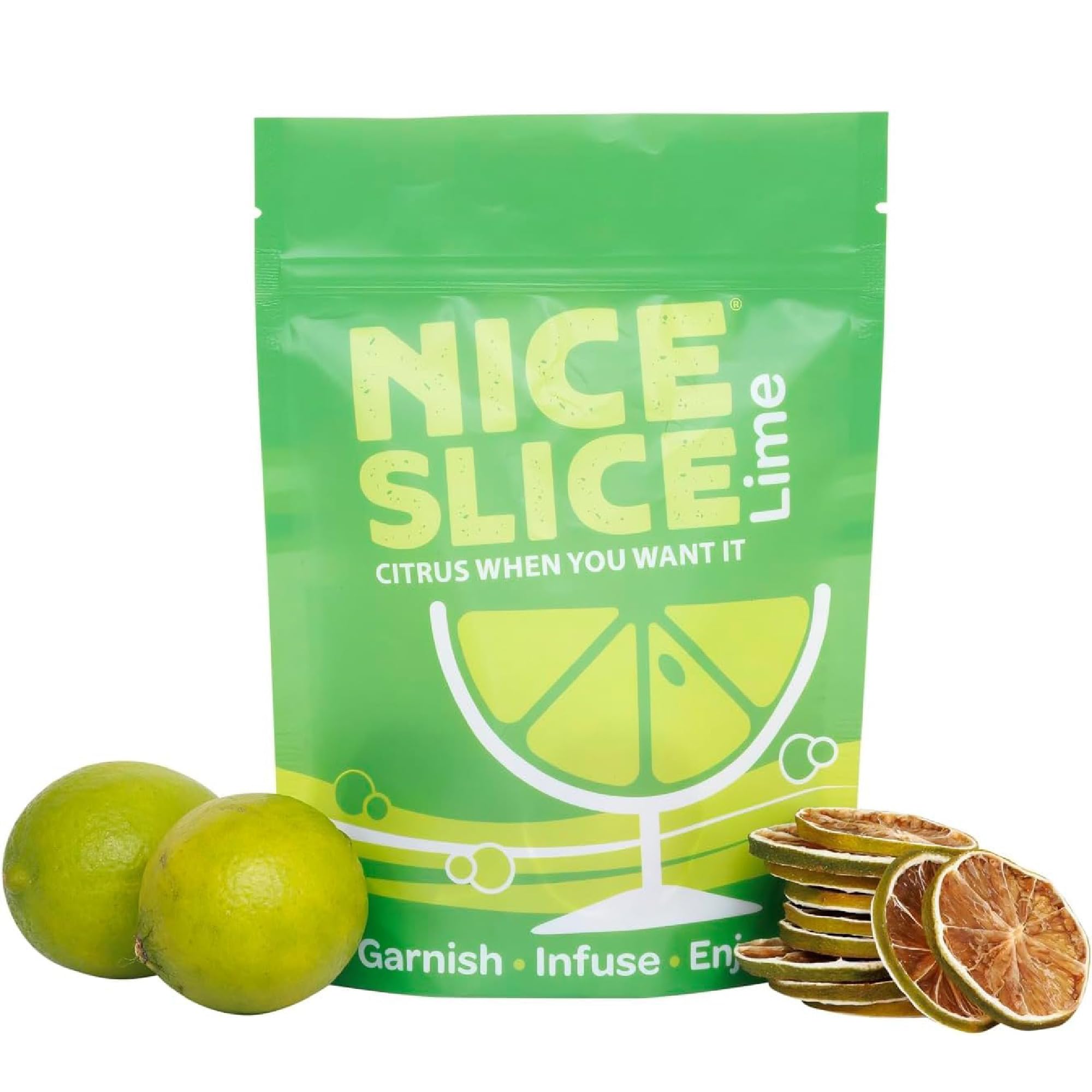 NICE SLICE Dried Lime Slices- 30 approx Premium Dried Fruit Servings for Mocktails, Cocktails, Drinks, Baking & Cooking- 100% Natural Dehydrated Lime Garnish in Resealable Pouch- Pure Air-Dried Citrus