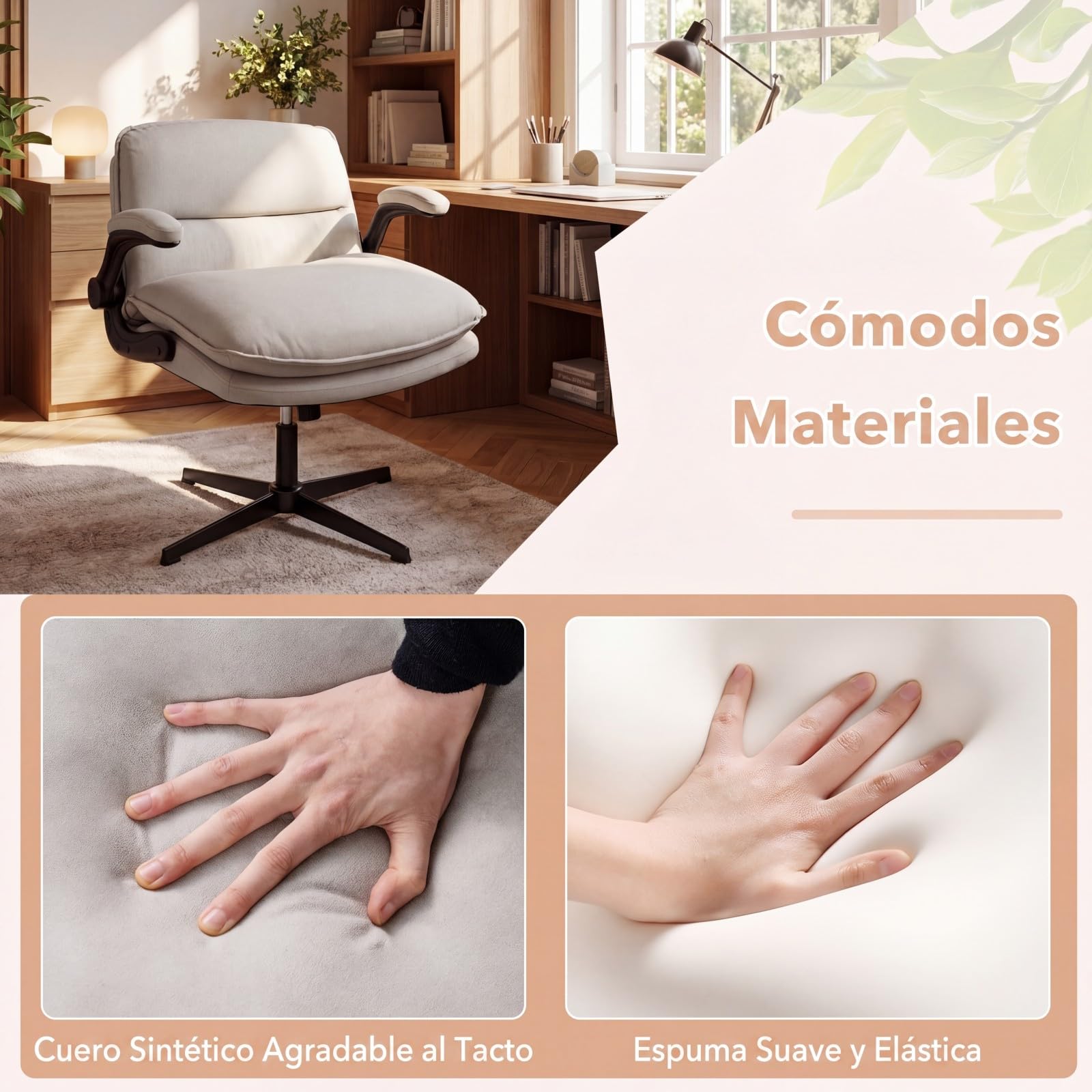 COSTWAY Silla Oficina Cuero Artificial, Reposabrazos Abatibles, Beige