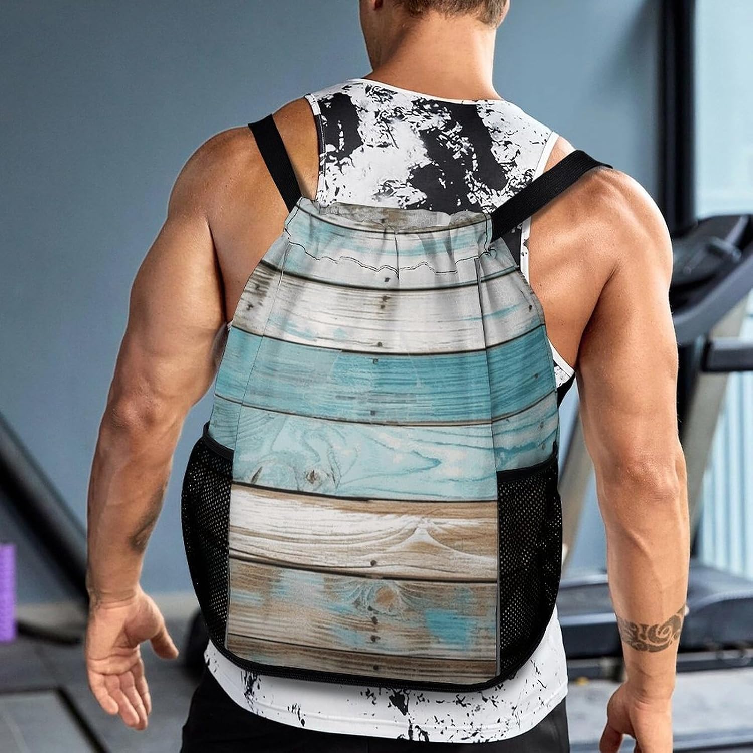 Vintage Beach Wood Old Blue Color Wooden Plank Drawstring Backpack with Wet Pocket - Large Capacity Gym Bag with Shoe Compartment & Mesh Pockets, Adjustable Lightweight Gym Backpack for Swimming, Trav
