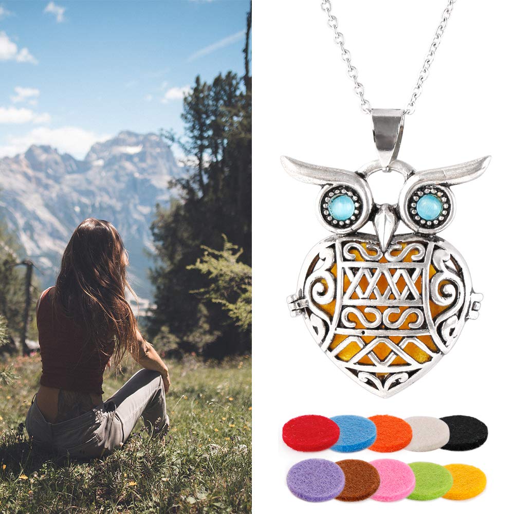 4 PCS Classical Aromatherapy Essential Oil Diffuser Necklace Pendant Combinations, Garden Style/Heart Locket and Owl Necklace Pendant for Mother's Day