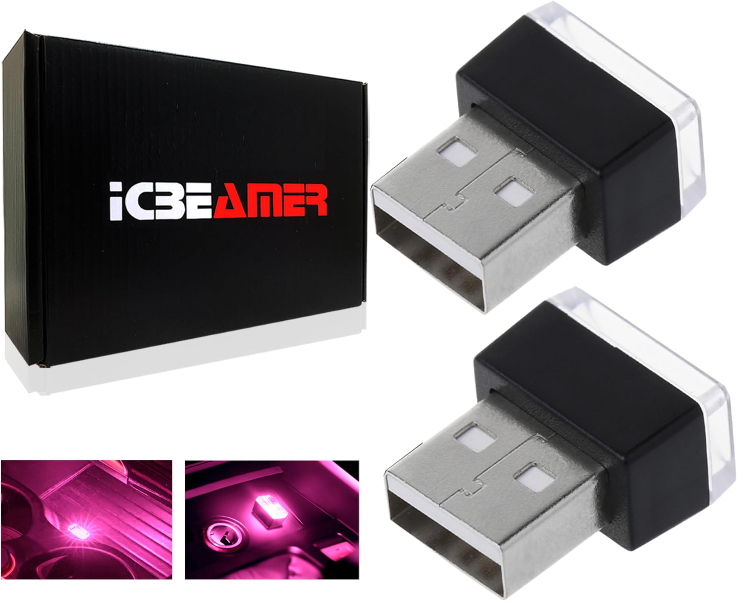 ICBEAMER 2-Pack USB Type-A LED Night Light, Color: Purple | Plug-in Universal Fit Automotive Accessories for Car Interior and Trunk Ambient Atmosphere Lighting