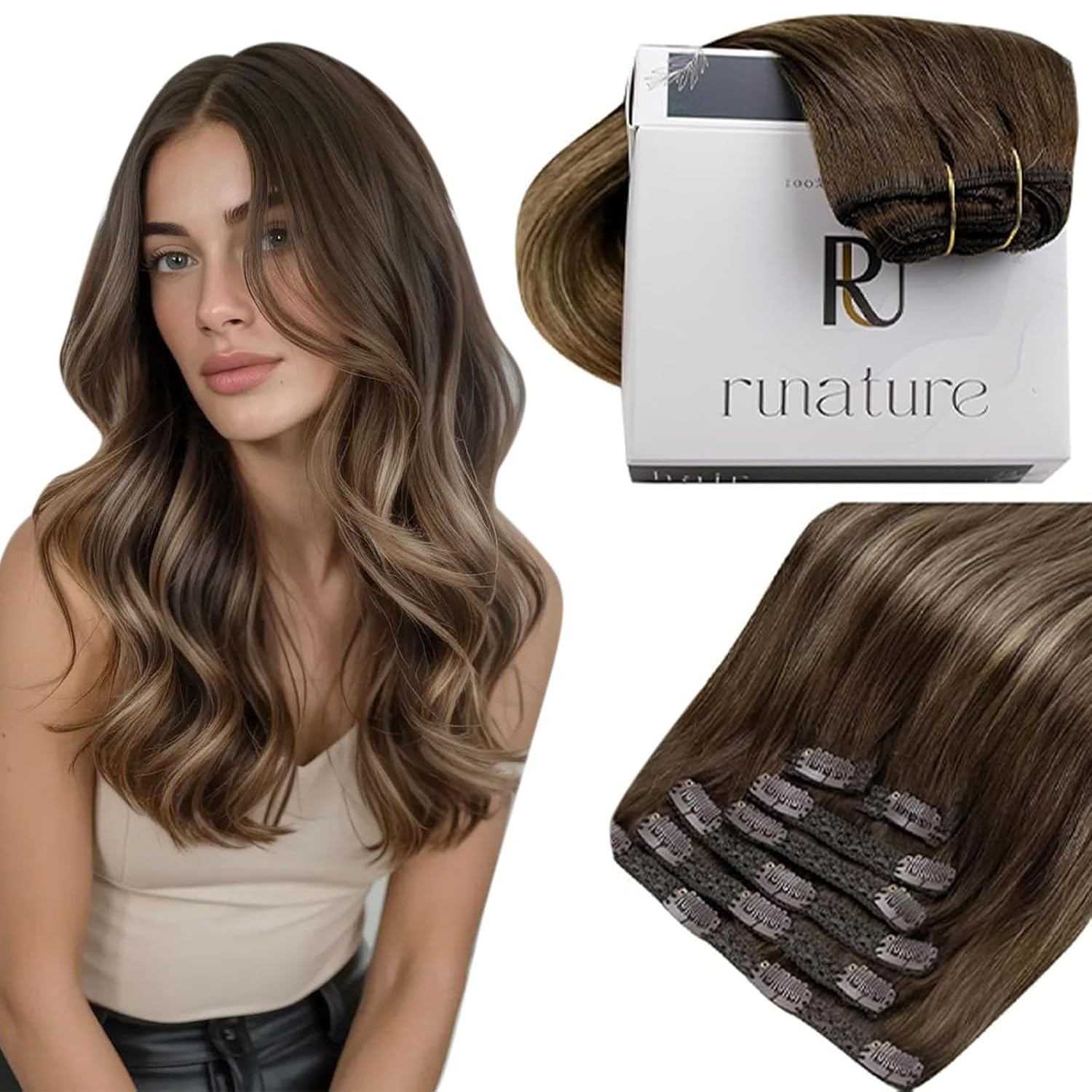 RUNATURE Balayage Clip in Hair Extensions, 12 Inch 80g 7Pcs #4/27/4
