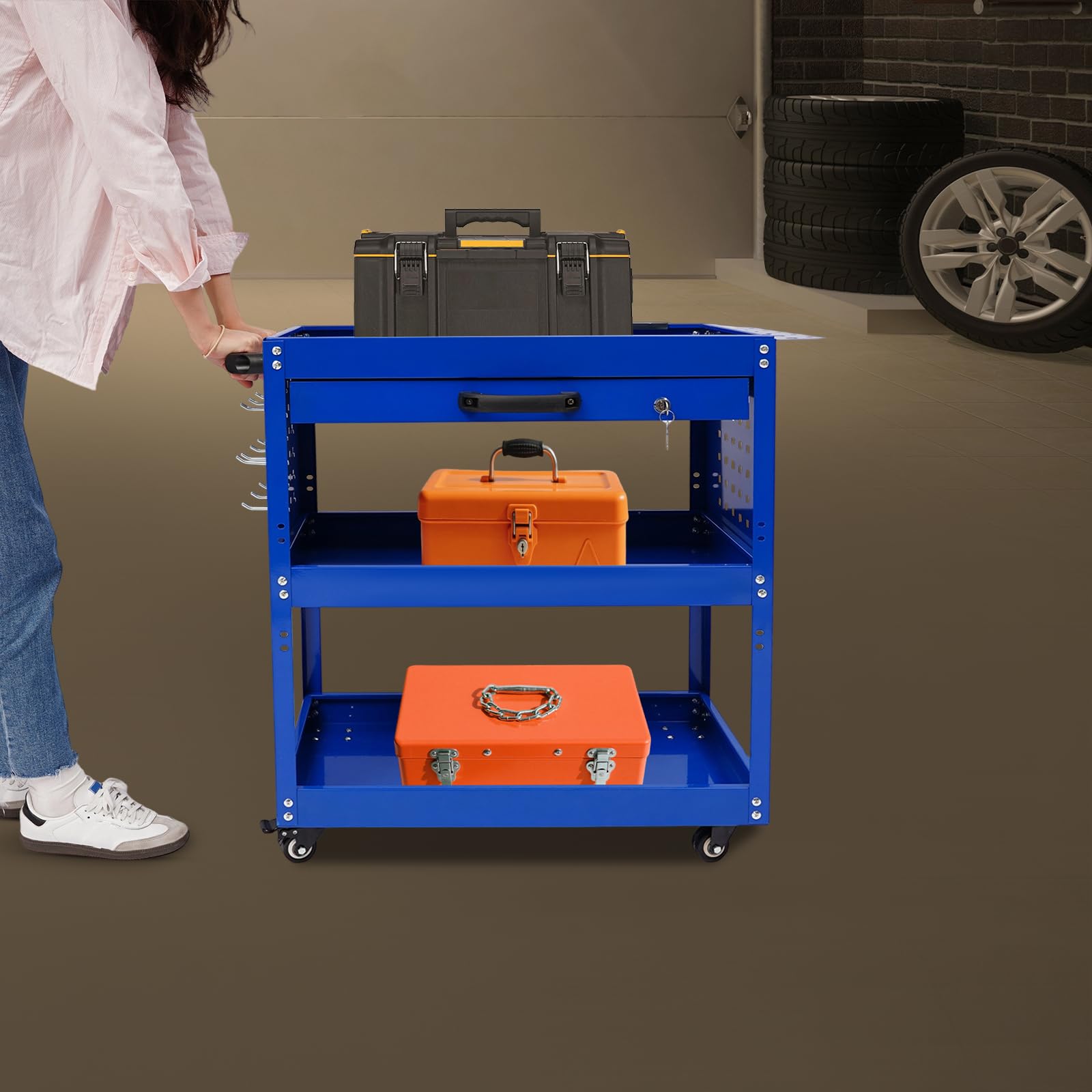 Carro de taller de 3 pisos, carro de taller móvil, carro con ruedas de metal con cajones y ruedas con frenos, carro de taller con caja de almacenamiento y llave, para mantenimiento de automóviles