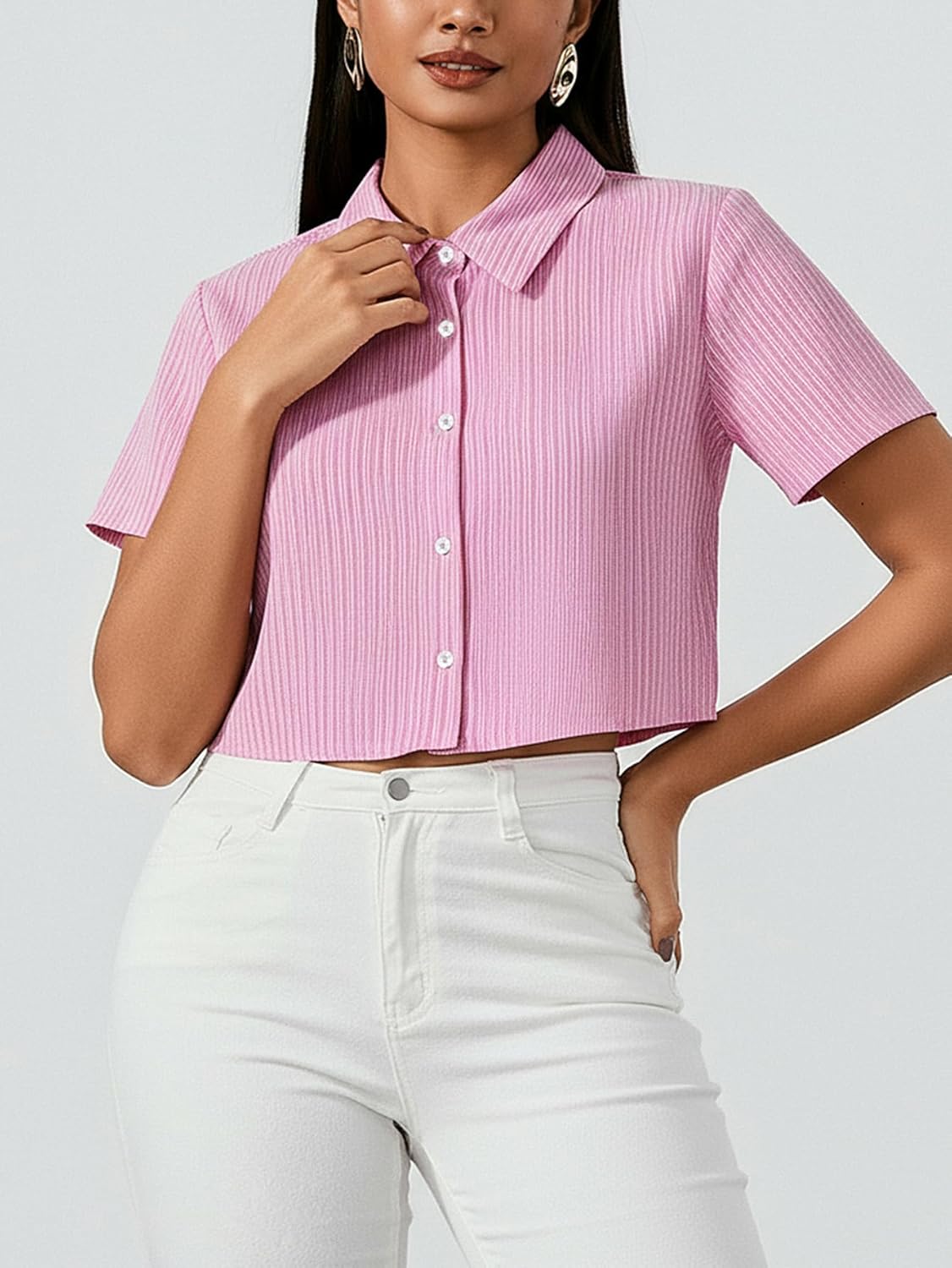 Women's Y2k Bow Tie Crop Tops Cute Striped Button Down Collared Cut Out Coquette Shirts - Image 3