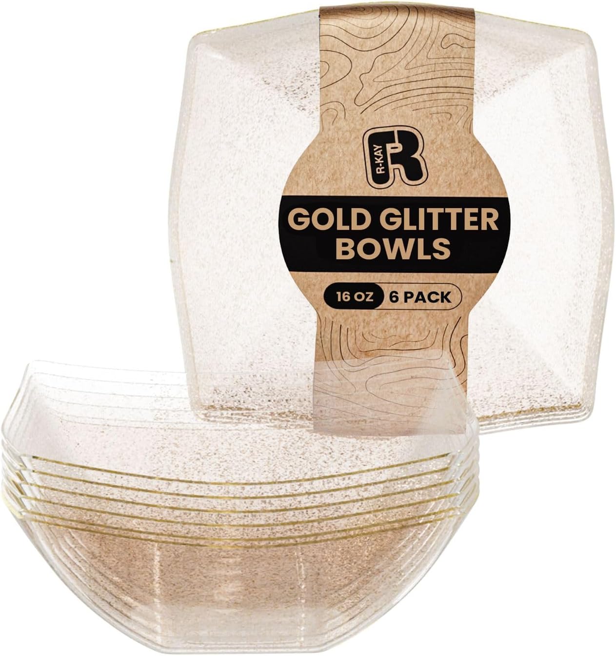 R-kay 6 Pack Gold Glitter Plastic Serving Bowls -16 Oz Gold Plastic bowls 16 Oz - Disposable Serving Bowls Heavy Duty For Weddings Catering And Birthday parties