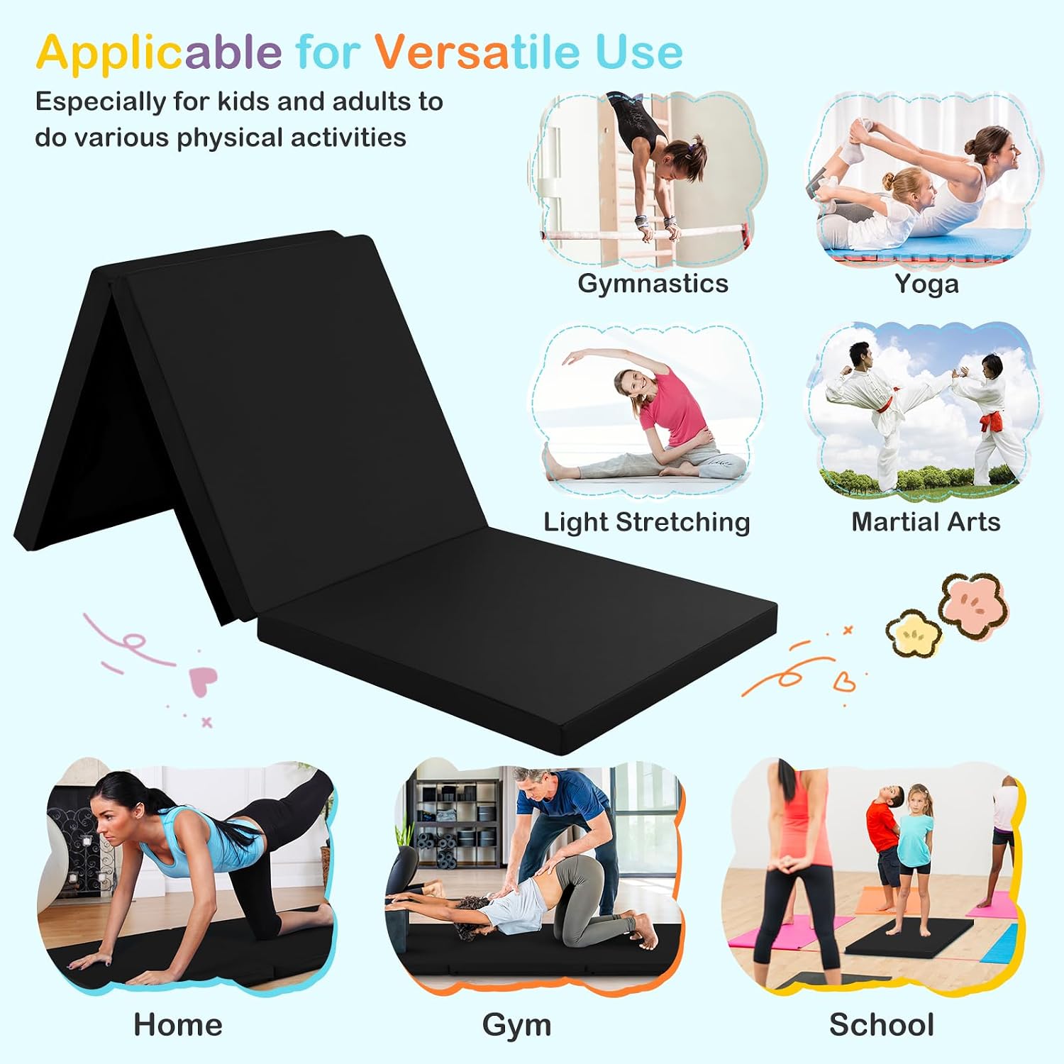 GYMAX Folding Gymnastics Mat, 6 FT x 2 FT x 2 Inches Exercise Mat w/Carrying Handles, Waterproof PU Leather, Hook & Loop Fasteners, Portable Tumbling Mat for Yoga Home Gym
