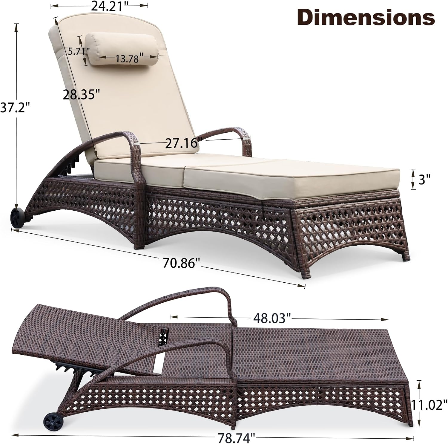 NOBLEMOOD Chaise Lounge Outdoor Wicker Lounge Chair with Wheels, Adjustable 6 Position Pool Reclining Chair with Blue Thickened Fabric Cushion & Pillow, Pack of 2