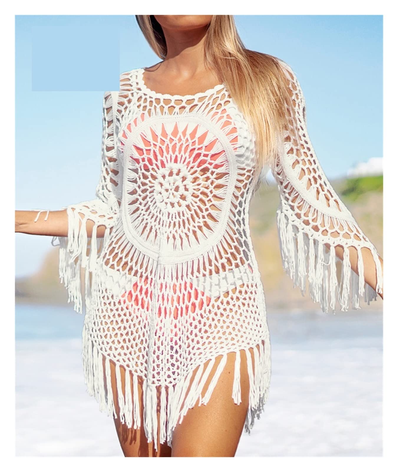 Paréo Bikini Blanc Couvrir avec Bordure à Franges Femmes Sexy Tunique Creuse Robe de Plage été Maillot Bain vêtements pour Piscine