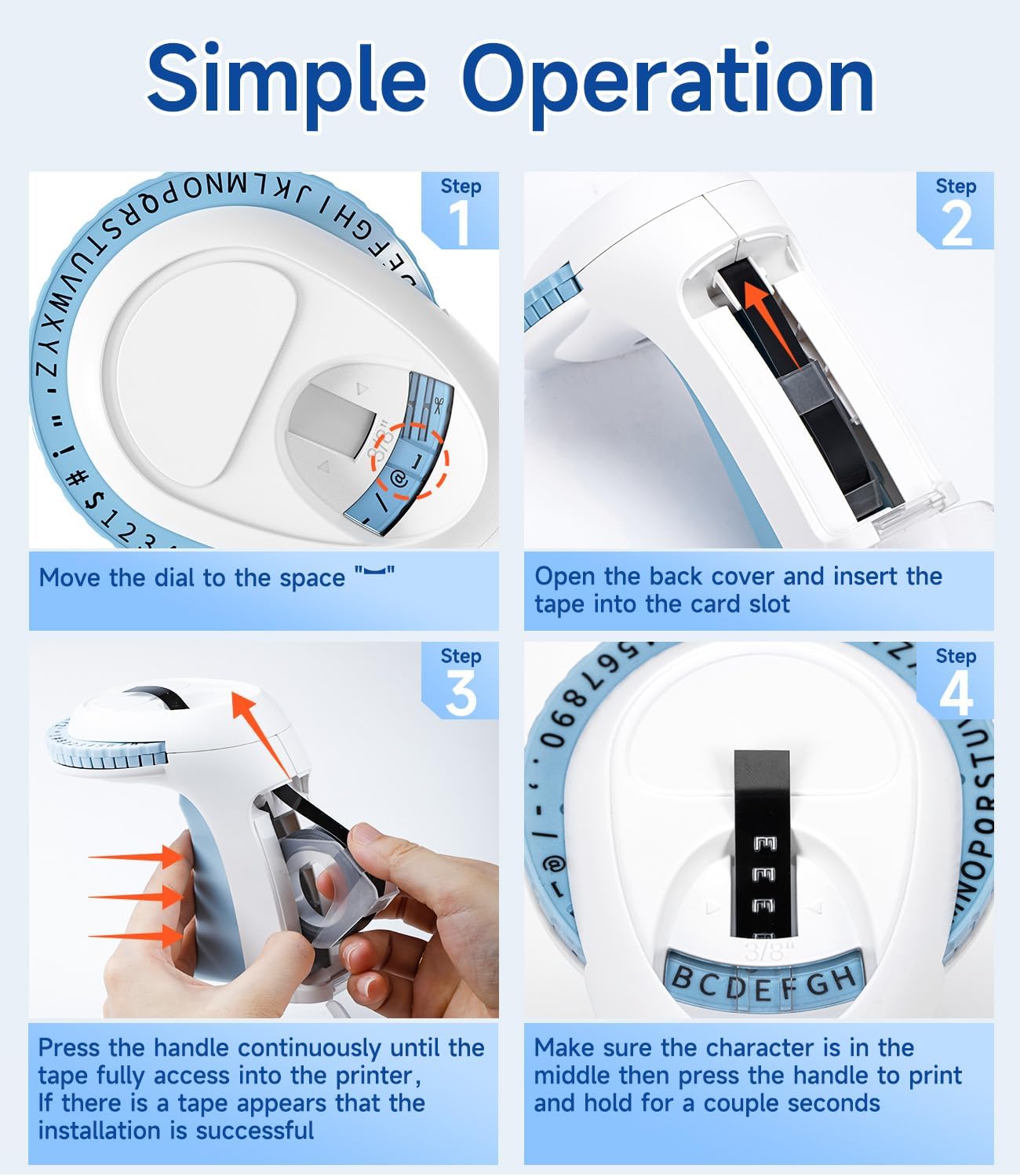 Four-step guide to loading tape and preparing the Labelife Omega S label maker for use