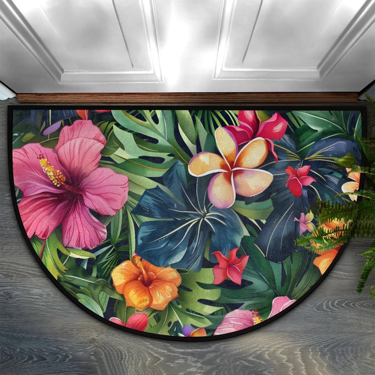 Tropical Palm Leaf Hibiscus Half Round Door Mat Entrance Rug Floor Mats, 24" x 36" Half Circle Doormats Welcome Mats Non Slip Entryway Area Rugs Absorbent Washable for Room Patio Indoor Outdoor