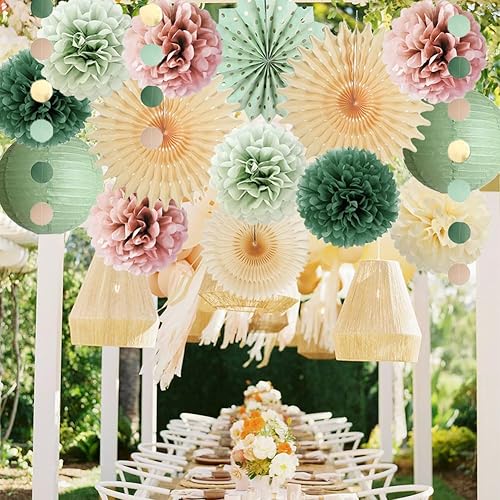 Miniatura 5 de Sage Green and Dusty Rose Party Decorations Paper Lanterns Sage Green and Dusty Pink Party Decorations Retro Olive Cream Poms Beige Fans for Boho
