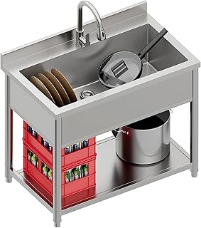 Stainless Steel Utility Sink, Large Freestanding Laundry Sink with Pull-out Faucet for Kitchen, Bathroom,