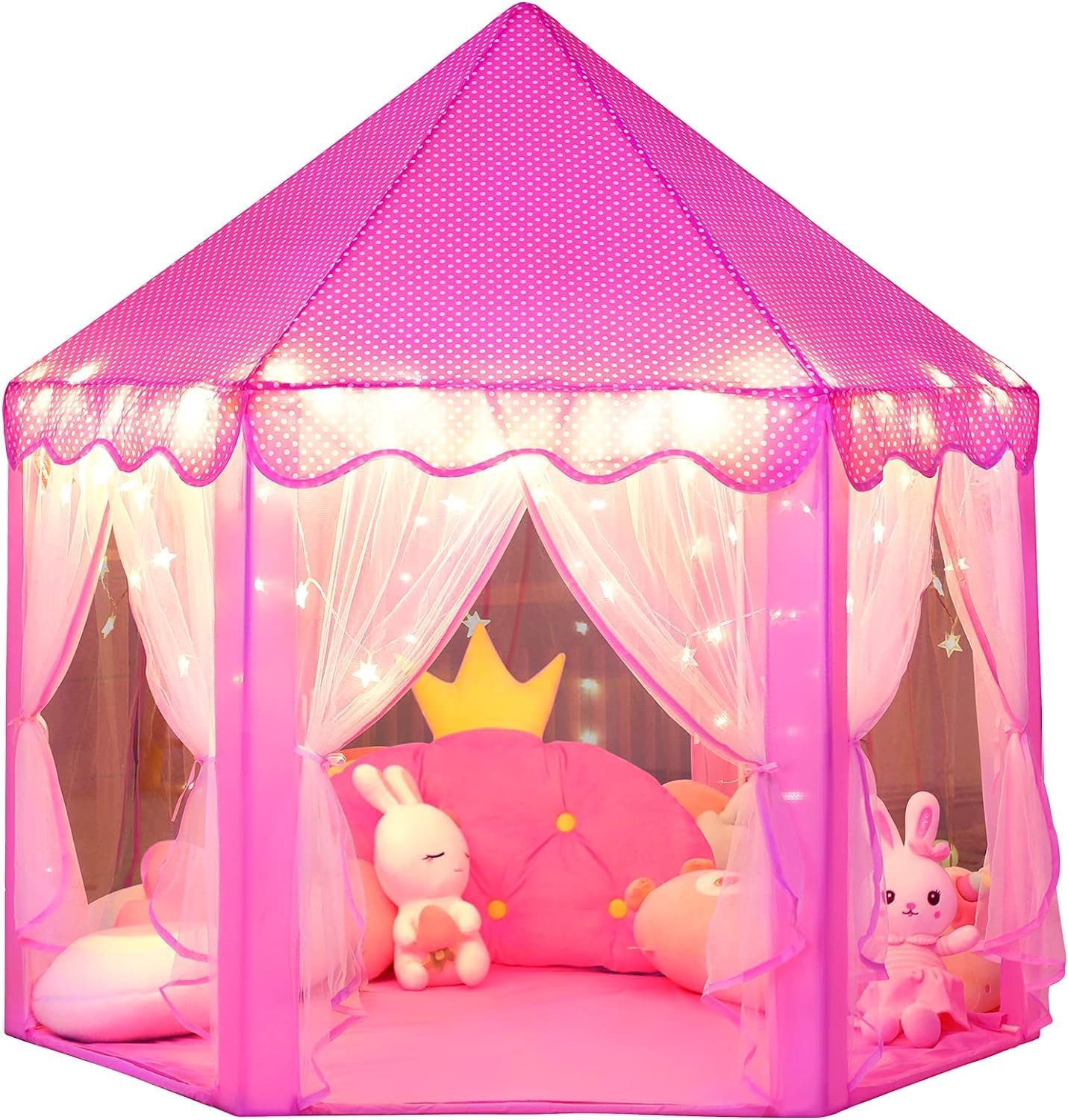 Mumoo Bear Princess Castle Play Tent for Girls Large Kids Play Tents Hexagon Playhouse with Star Lights Toys for Children Indoor Games (Pink)