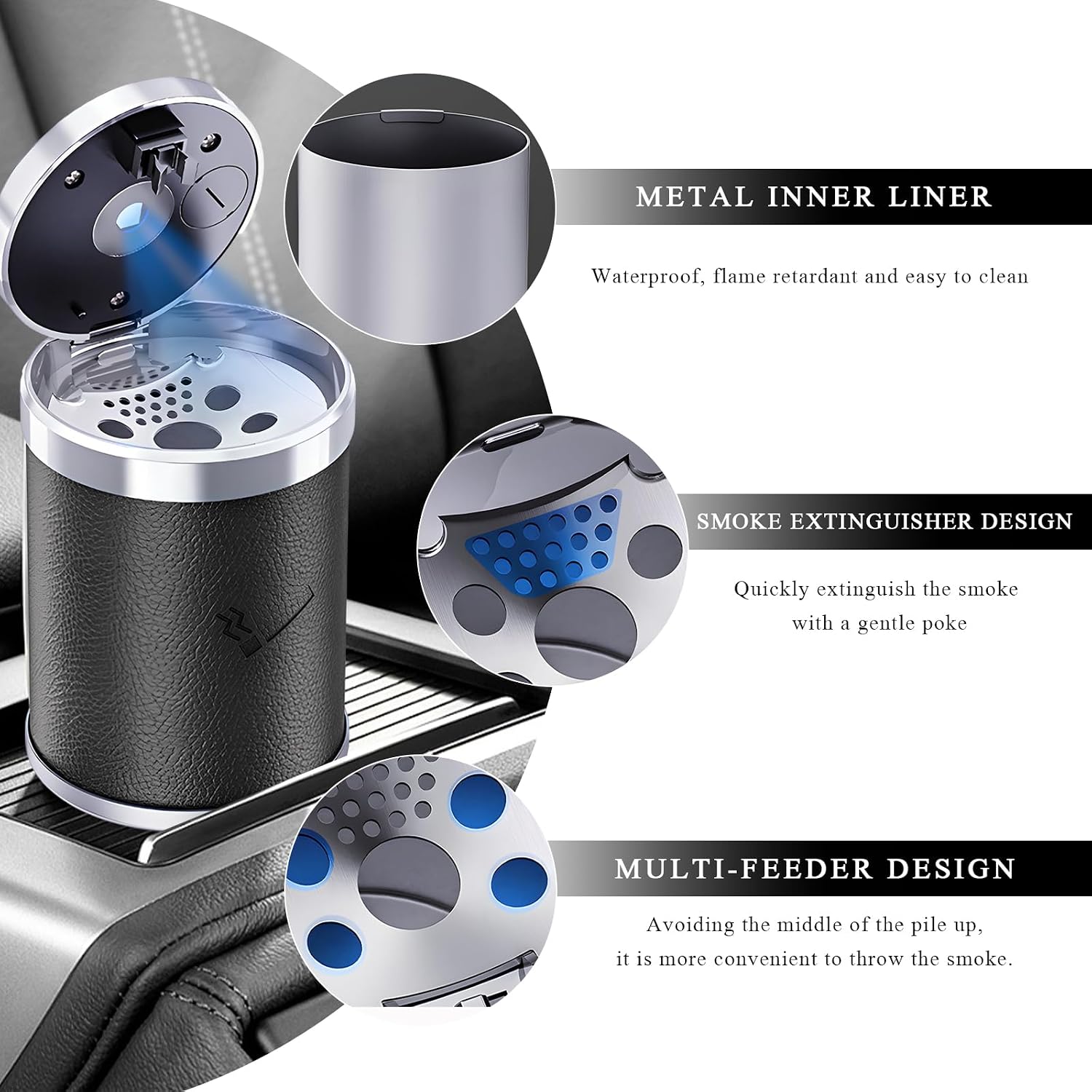 Car Ashtray with Lid, Detachable Smokeless Mini Ash Tray with LED Blue Light, Portable Stainless Steel Liner Cup Holder Trash Can for Car Home Office, Universal Car Accessories (Black)