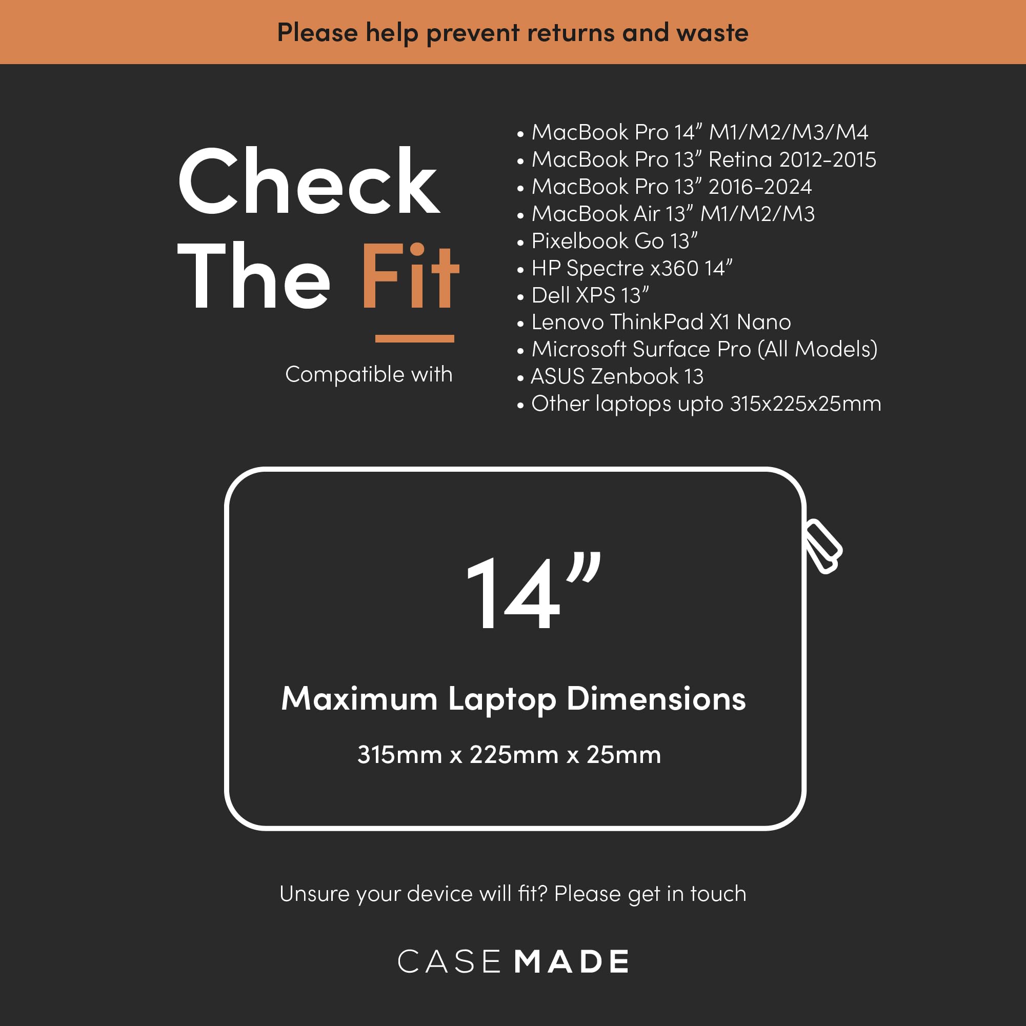 Casemade Real Leather Laptop Case/Zipped Folio Bag with Inner Pocket & Wool Lining Compatible with Apple MacBook, HP, Dell, Asus, Levovo (14 Inch - Black)