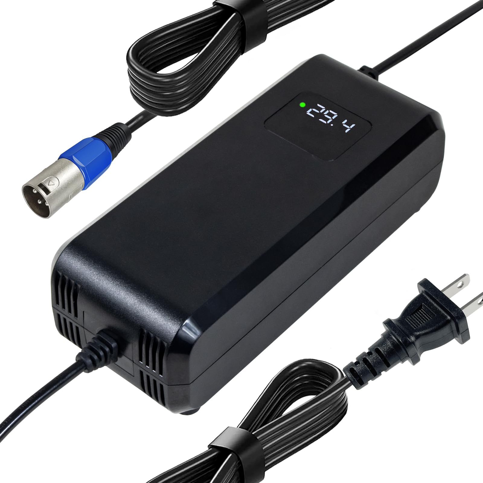 YZPOWER 29.4V 5A Lithium Battery Charger 3-Pin XLR Connector for 24v/25.2v Li-ion Battery Pack,24V Power Charger Adapter with Display Screen Fast Charging, Built-in Fan for Cooling