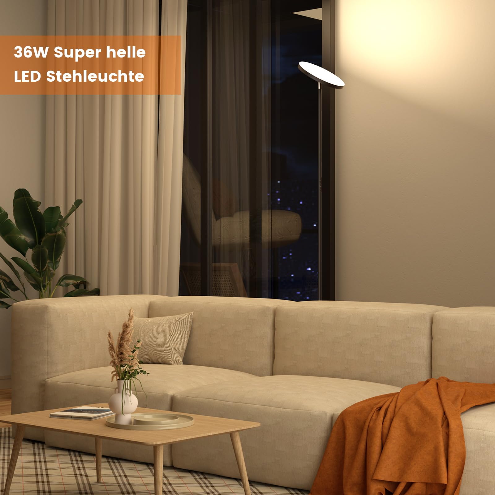 Uplighter LED Stehleuchten für Wohnzimmer, 36W superhelle Torchiere Standleuchte mit Fernbedienung, Touch-Control, 175 cm dimmbare moderne hohe Leuchte mit Timer für Schlafzimmer, Büro, Ecke, Schwarz