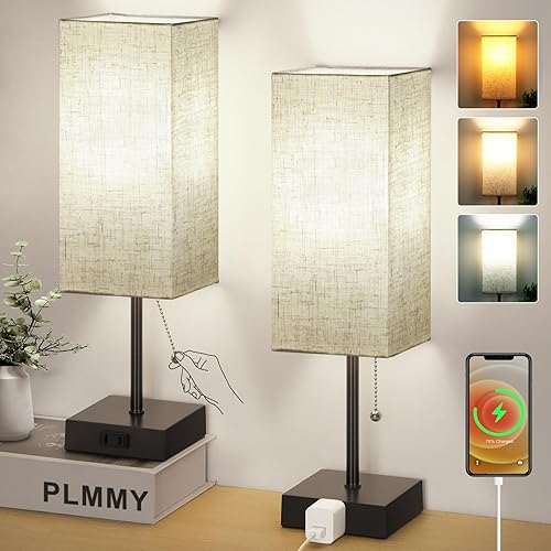 Juego de 2 lámparas de mesa para dormitorio, 3 colores para dormitorio, con puerto de carga USB tipo C, salida de CA, cadena de tracción, lámpara de