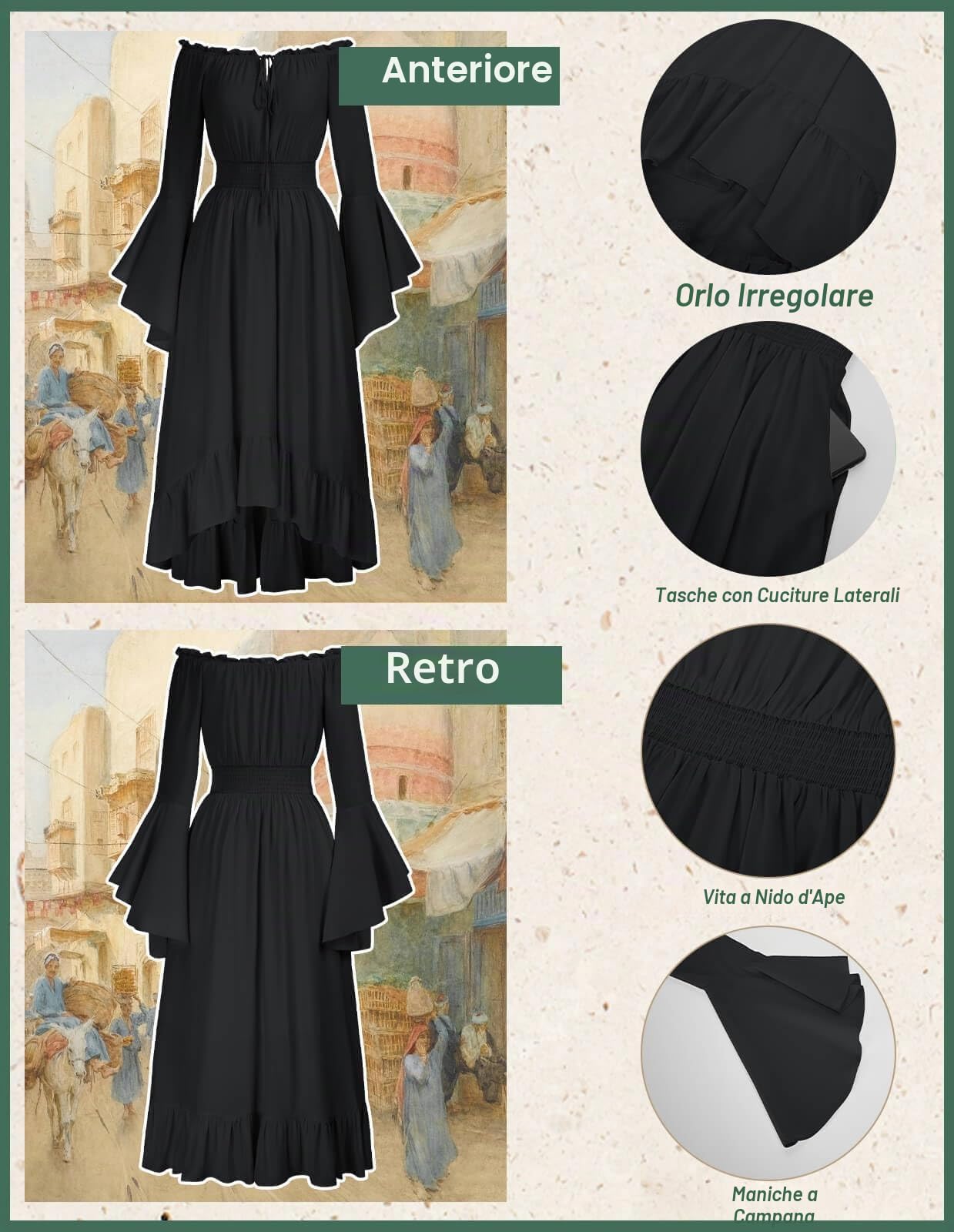 SCARLET DARKNESS Abito Vestito Lungo Donna Medievale Rinascimentale, Spalle Scoperte, Maniche Lunghe Svasate, Linea A