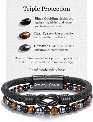 Fathers Day Healing Gifts for Men Triple Protection Healing Infinity Bracelets Lettering Love You Forever Always Linked Together & Guard Your Lover Hematite Black Obsidian Tiger Eye Gemstone Rosary Bracelet