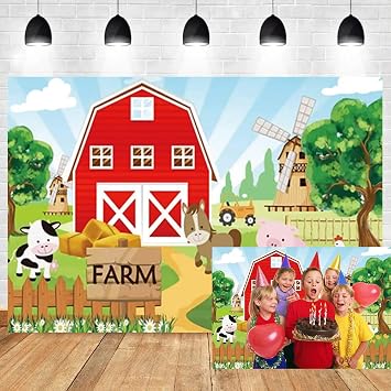 10x7ft Cartoon Animal Farm Backdrop Red House Windmill Zoo Cute Pig Dairy Cow Animal Background Kids Happy Birthday Baby Shower Party Banner Decoration Children Portrait Vinyl Studio Props