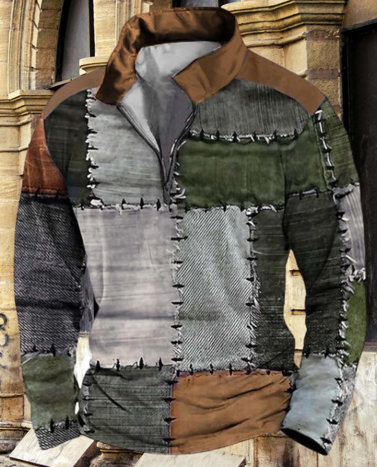 Mens Retro Large Size Long Sleeve Shirt Fashion Zipper Pullover Plaid Patchwork Street Top Create Trendy Street Style - Image 2