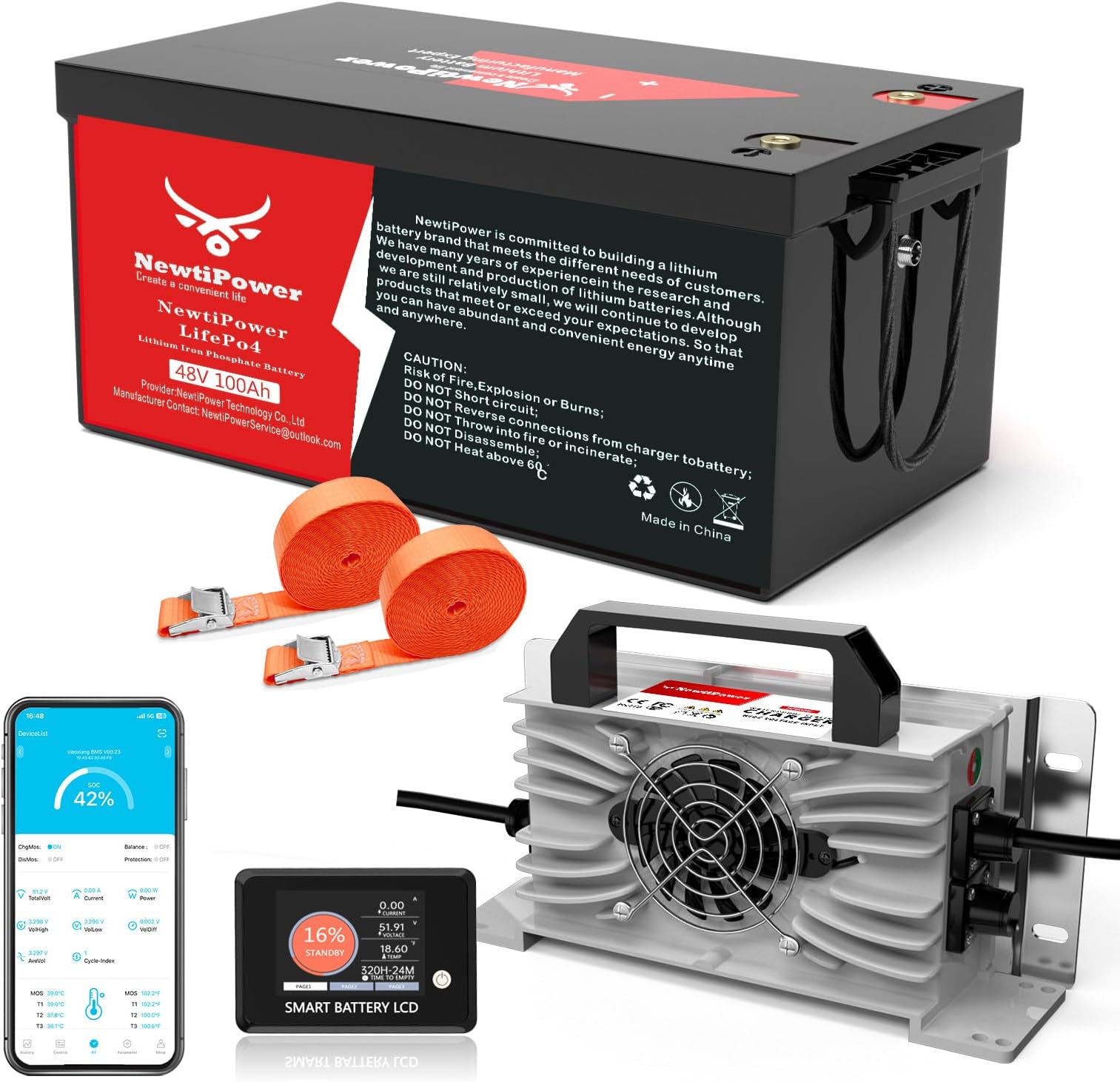 - 48V 100Ah Golf Cart LiFePO4 Lithium Battery 200A BMS,NewtiPower 10000+ Deep Cycle Lithium Iron Phosphate Battery Great for Golf Cart, RV, Marine and Off Grid Applications
