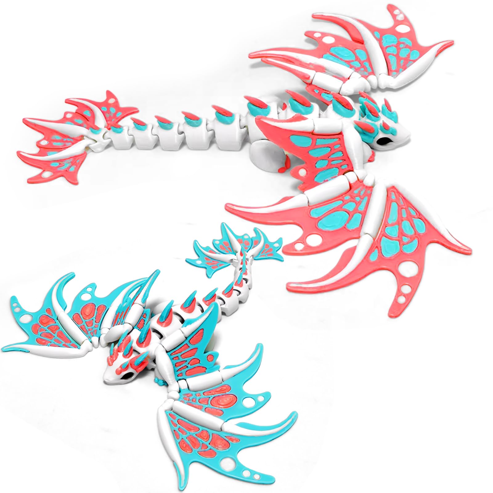 2 Pcs 3D Printed Dragon with Wings, 7" 3D Printed Flexible Articulated Dragon for Home Office Desk Decor, Collectors Birthday Gift, Pink, Blue​