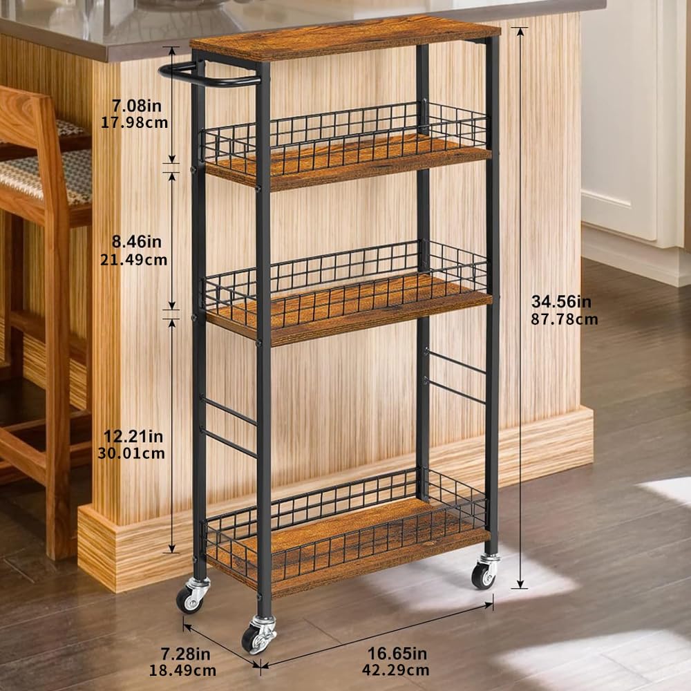 Carrello da cucina mobile a 4 ripiani, sottile, con assi scorrevoli in legno e maniglia per dispensa, lavanderia, bagno, soggiorno