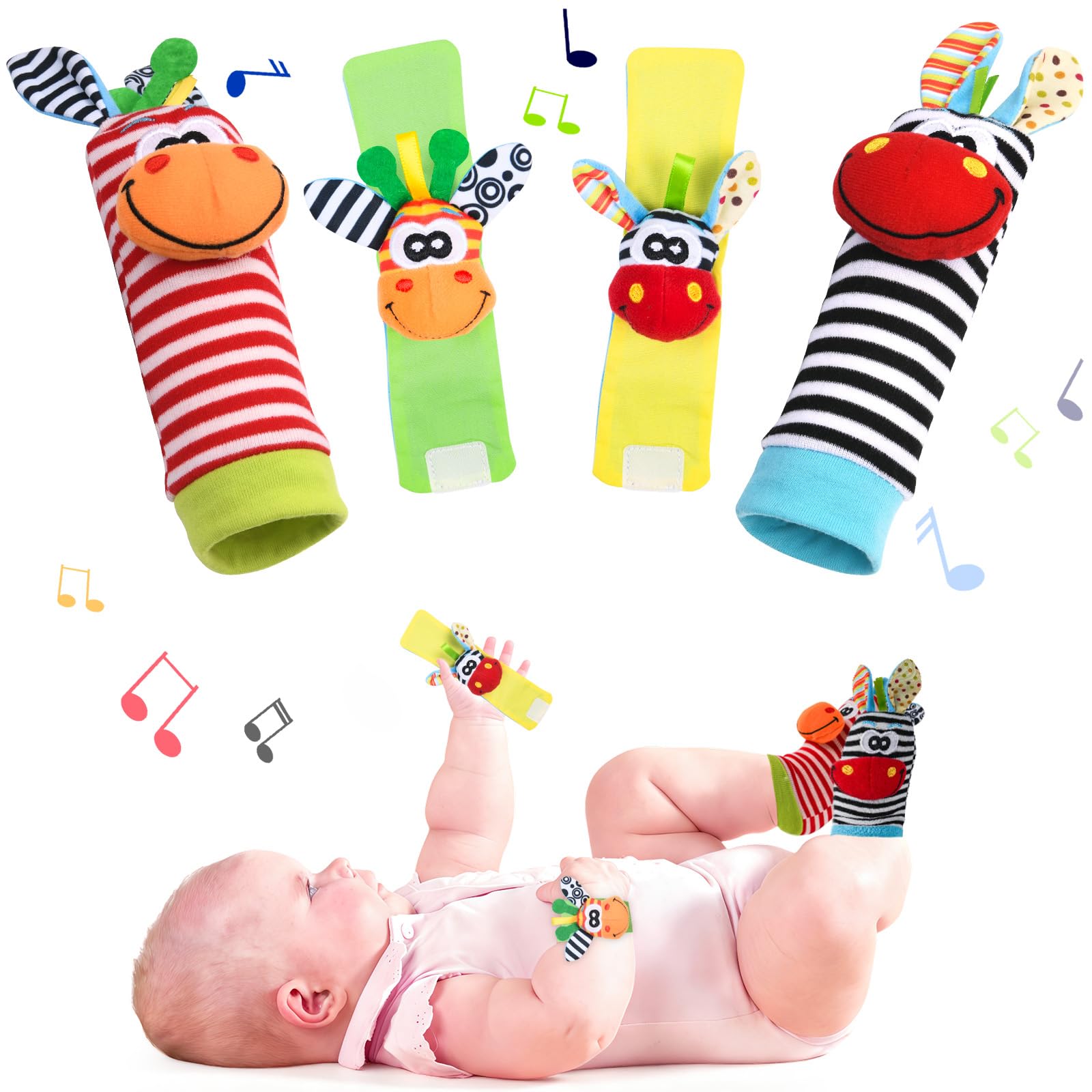 Baby Rattle Socks Wrist Strap Rattles Set, 4pcs Foot Finders & Wrist Rattles for Infants, Baby Rattle Toy Animal Wrist Rattle Soft Bell Strap Development Toy Gift for 0-6 Month Babies Boy Girl
