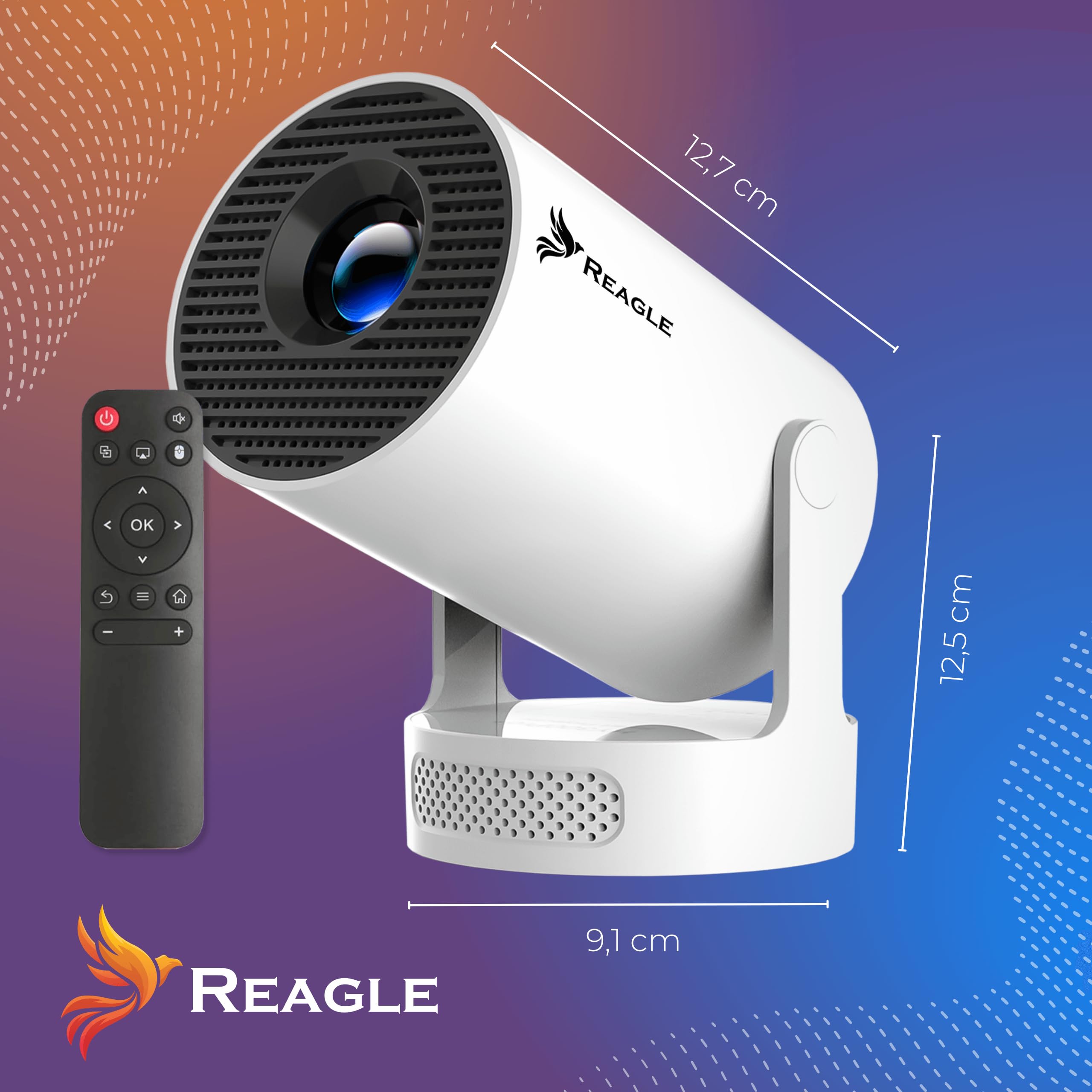 REAGLE R-Movielum-P10 Mini videoproiettore intelligente con Android 14, con supporto girevole a 180°, supporto Full HD e 4K 2GB+16GB 130", 260 ANSI, telecomando Home Theatre ± 40°
