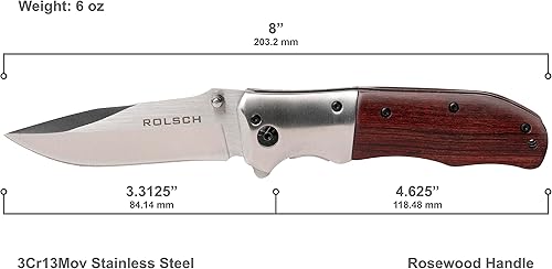 Miniatura 5 de ROLSCH - Cuchillo de bolsillo con mango de madera - Cuchillo plegable asistido por resorte - Hoja de acero inoxidable y mango de palisandro con clip