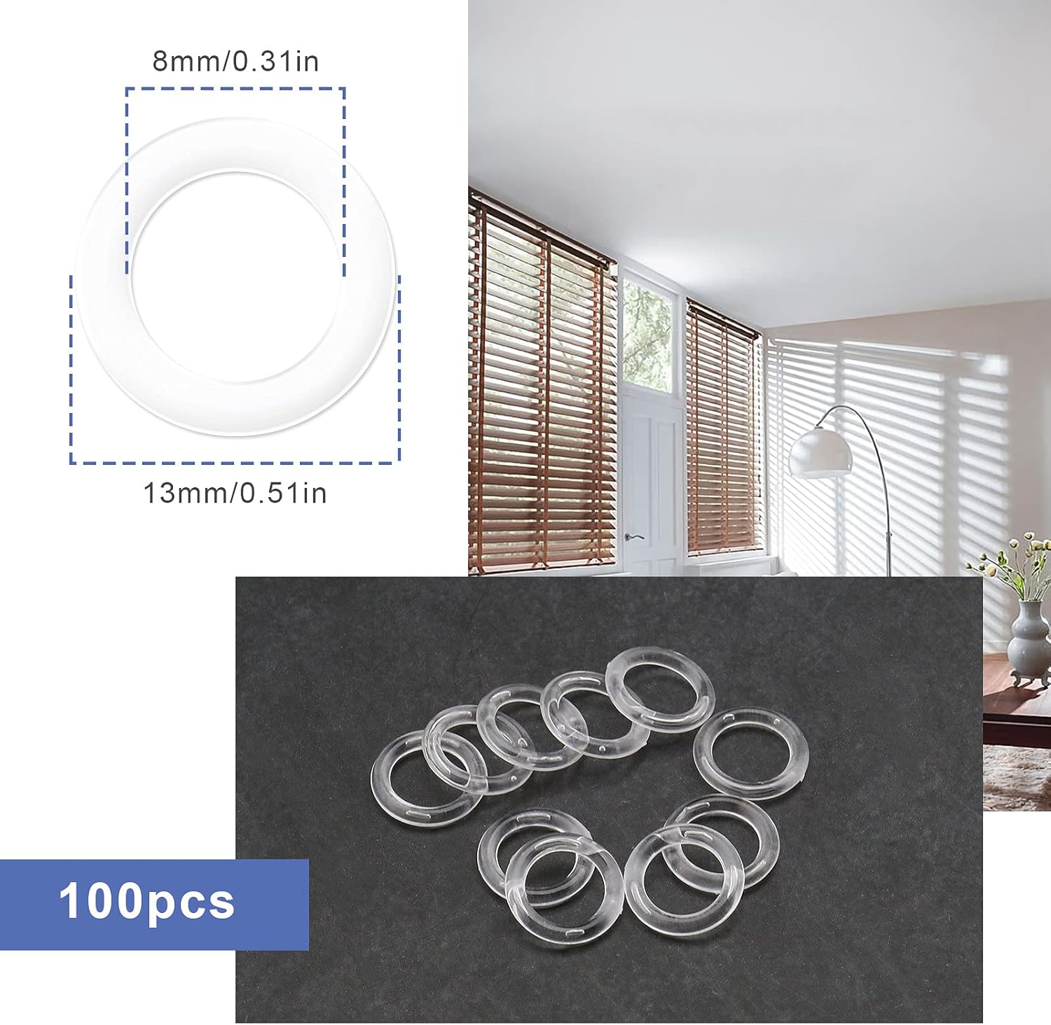 100Pcs Roman Blind Curtain Rings for Roman Shades 13mm Transparent