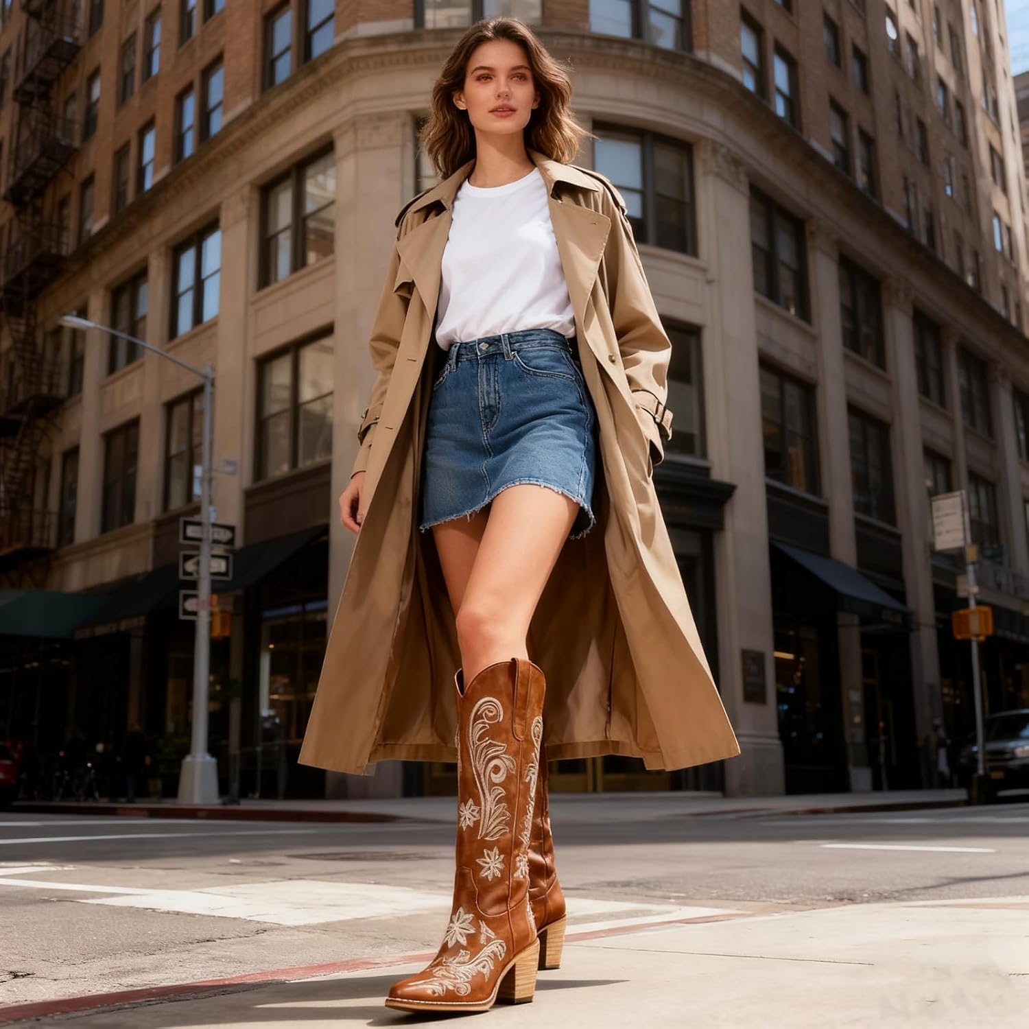 Women's White Cowboy Boots Knee High, Floral Embroidered Western Boots with Pointed Toe & Chunky Heel, Pull On Cowgirl Boots for Spring Outfit, Concert, Festival & Daily Wear