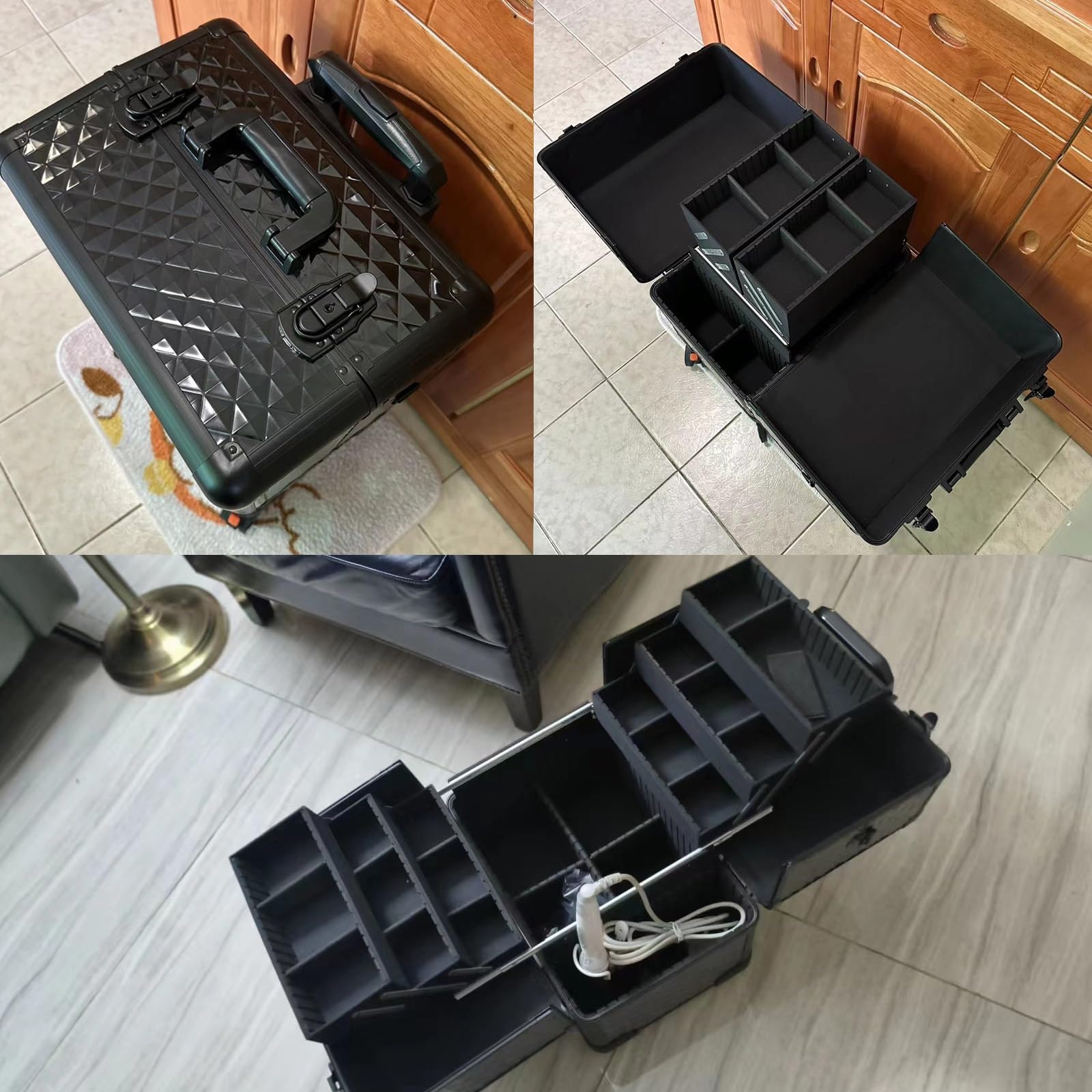 Walizka na kółkach do makijażu, przenośny wózek kosmetyczny, walizka na kółkach z kółkami, aluminiowe etui na kosmetyki, zestaw pędzli do wałków do włosów i kosmetyków, podróżna kosmetyczka, Czarny,