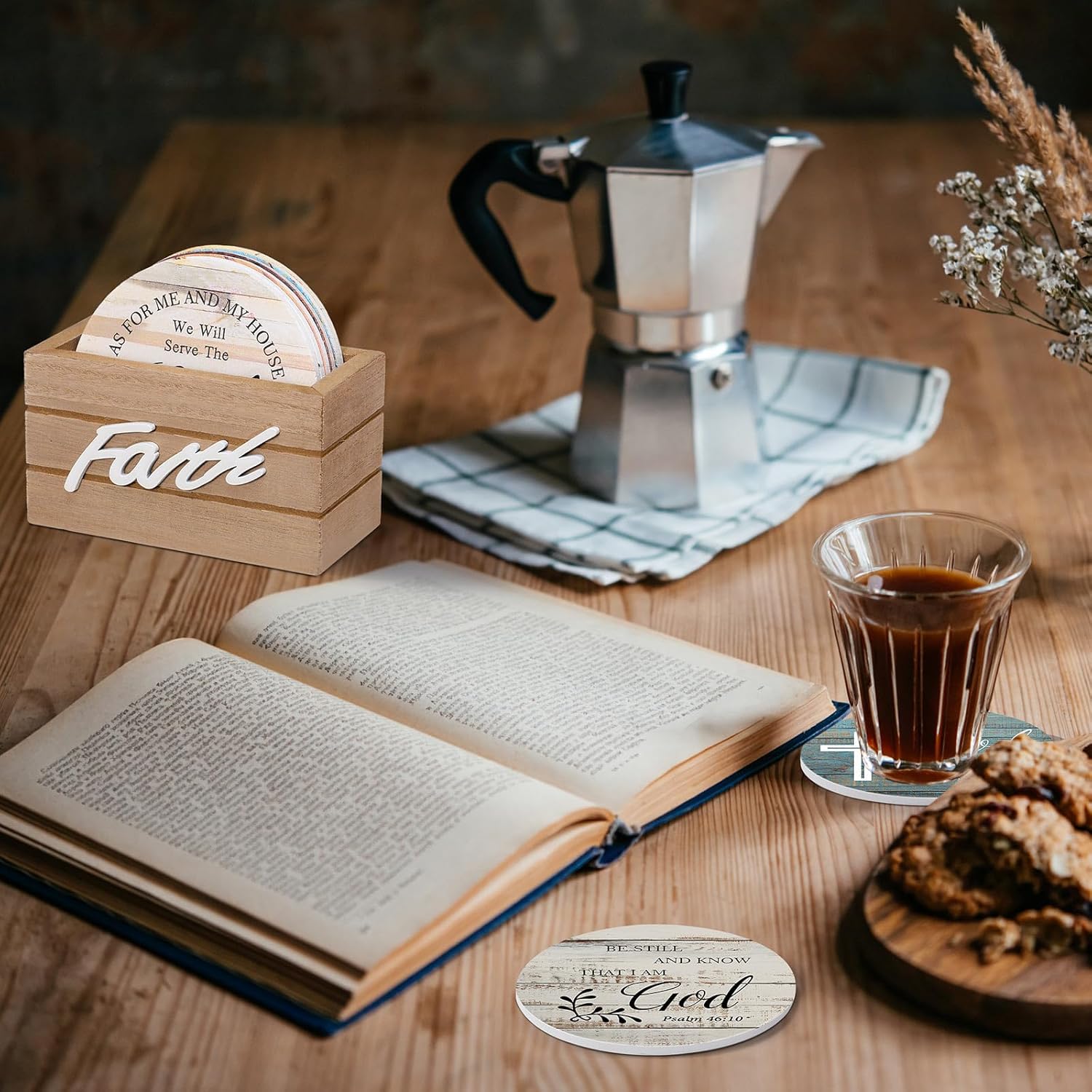 Hushee Wooden Coasters Set of 6 for Drinks with Bible Verses, Housewarming Gift for Home Christian Decoration, Farmhouse Religious Coasters with Holder for Kitchen Decoration, 4''(Classic Farmhouse) - Image 5