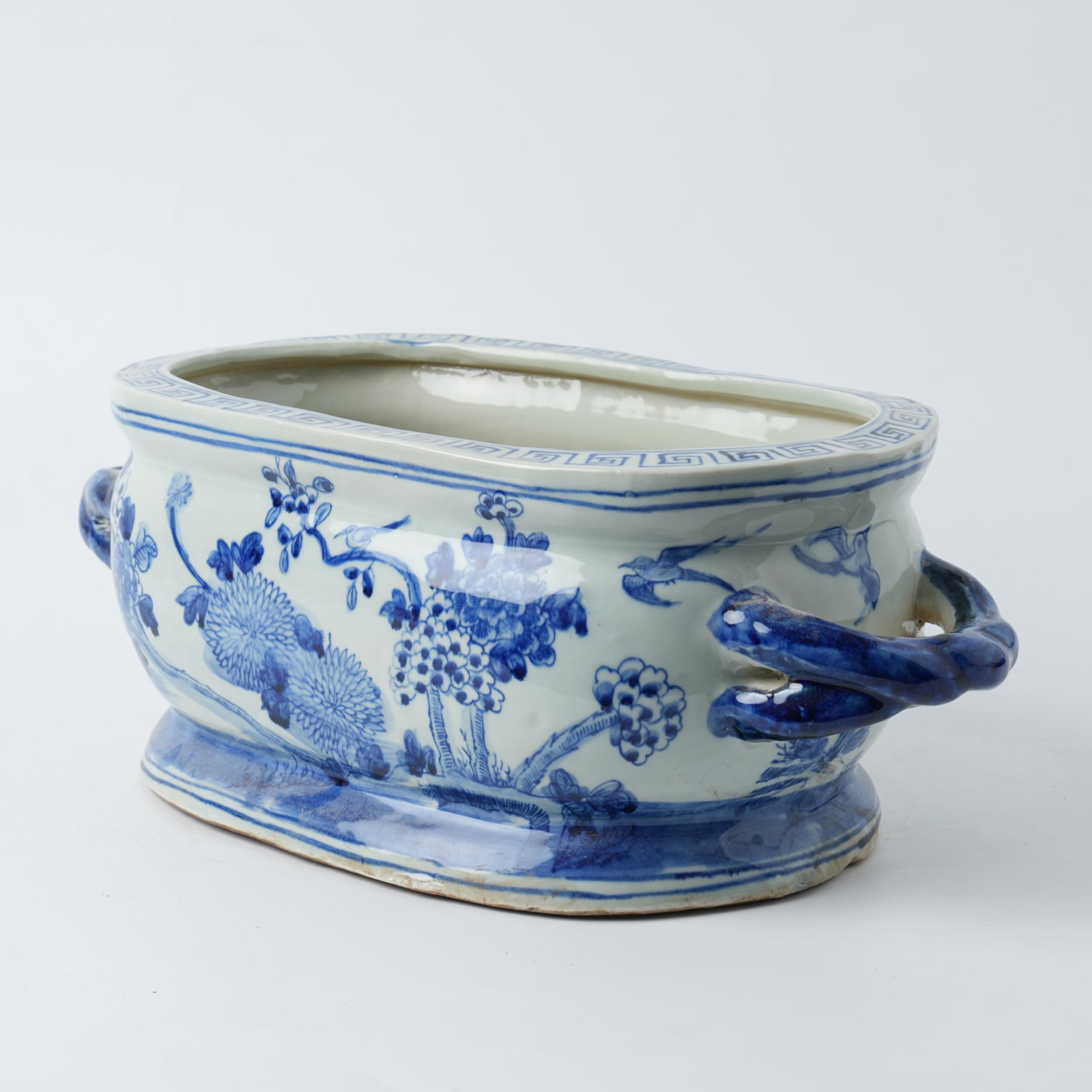Vintage Blue Flower Planter - Chinoiserie Ceramic Footbath -3
