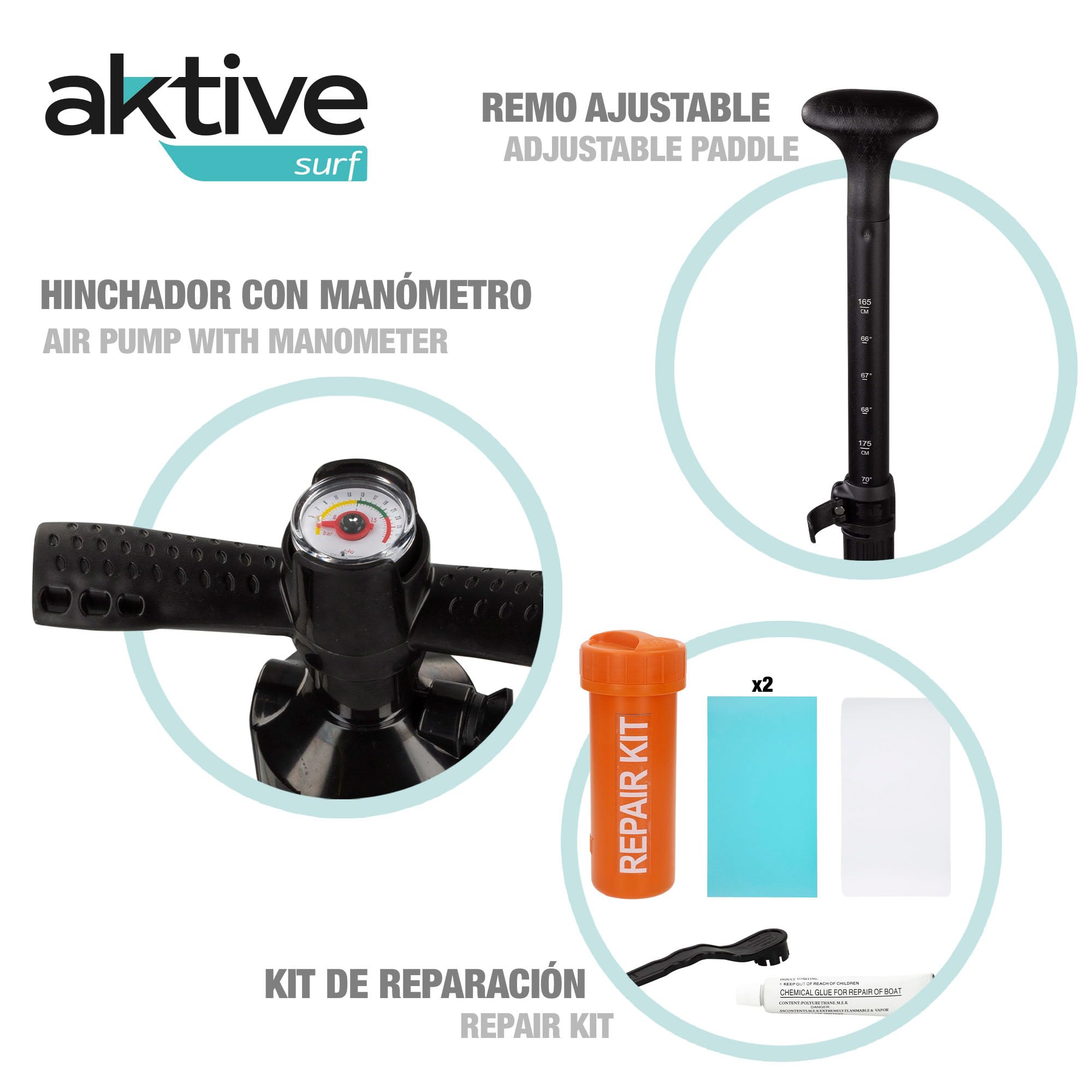AKTIVE Tabla Paddle Surf Hinchable Iniciación All-Round, Ligera, Superficie Antideslizante, Medidas 320x81x15 cm, Incluye hinchador, Remo, 3 Aletas y Kit de reparación (62053)