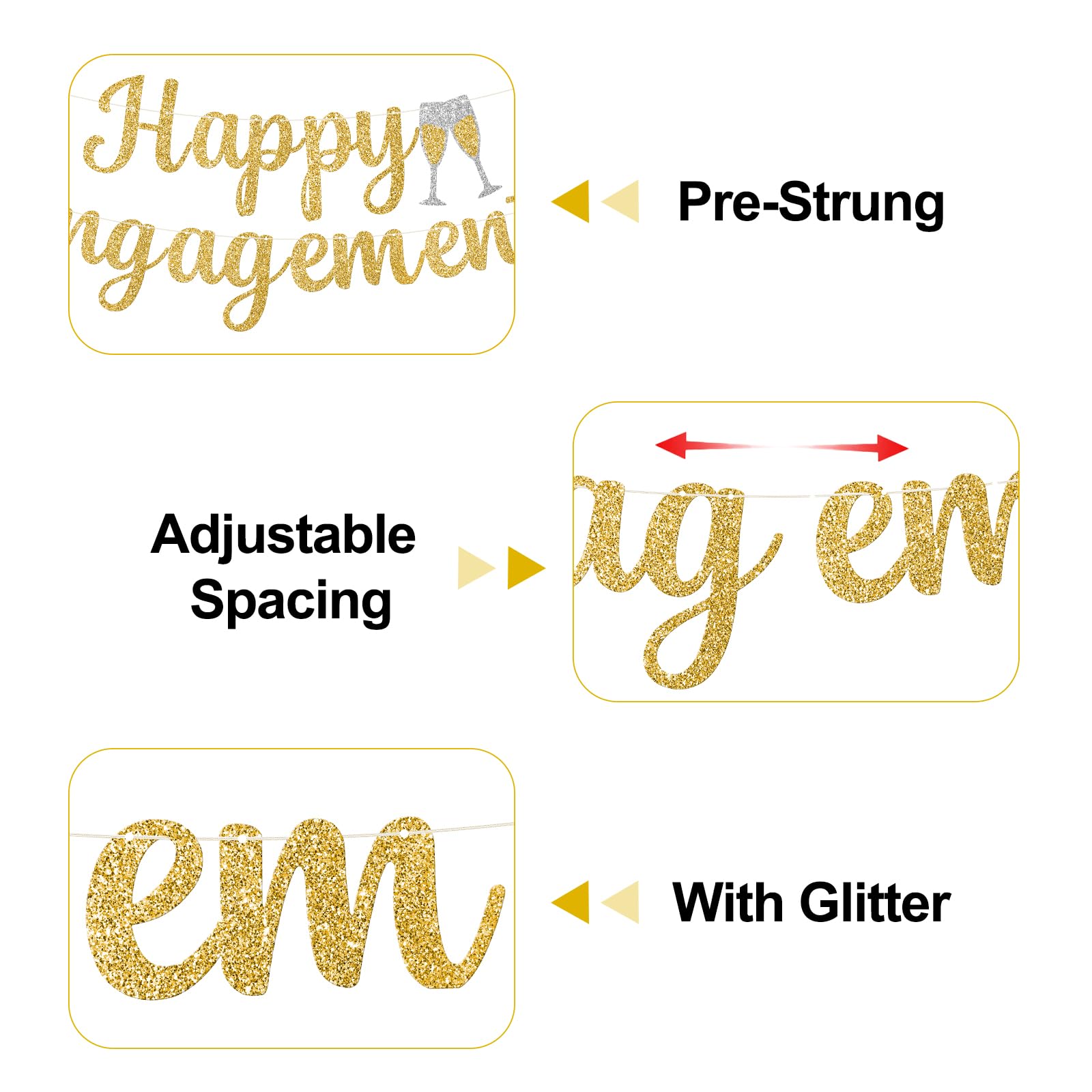 jijAcraft Pre-Strung Happy Engagement Banner: Gold Glitter Engagement Party Banner No-DIY 6M Happy Engaged Banners for Wedding Engaged Party Congratulation Proposal Decorations - Image 4