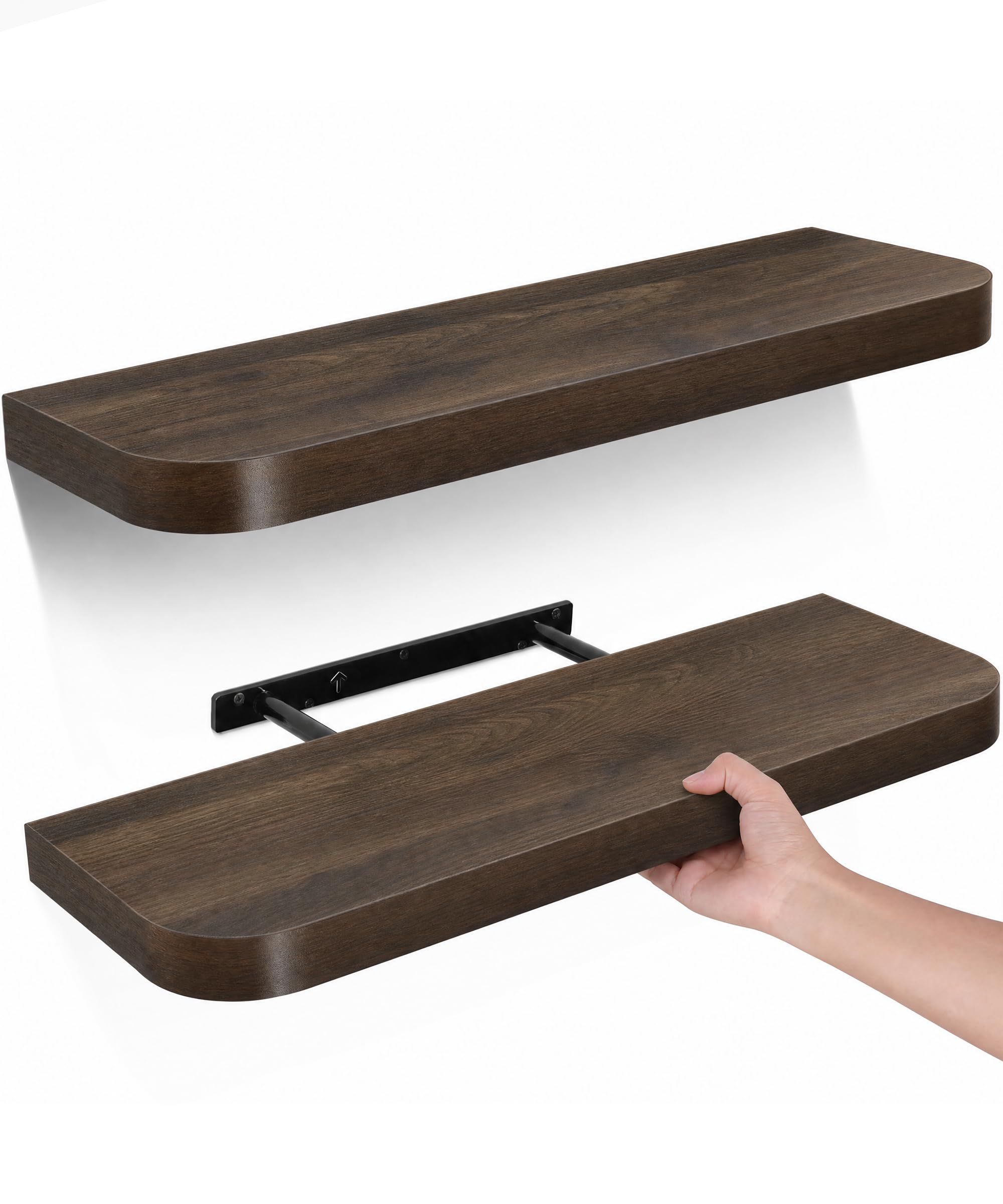 Gronda Floating Shelves for Wall, Walnut Wooden Shelves with Curved Edge