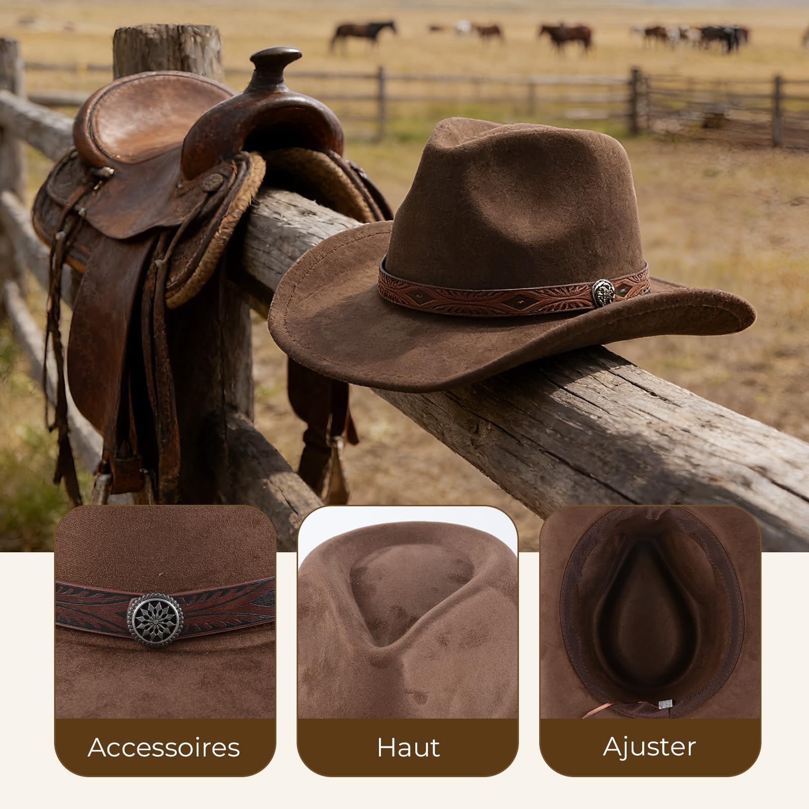 Chapeau Western en Daim Denim Unisexe, Chapeau de Cowboy à Large Bord, idéal pour la décoration DIY (Marron)