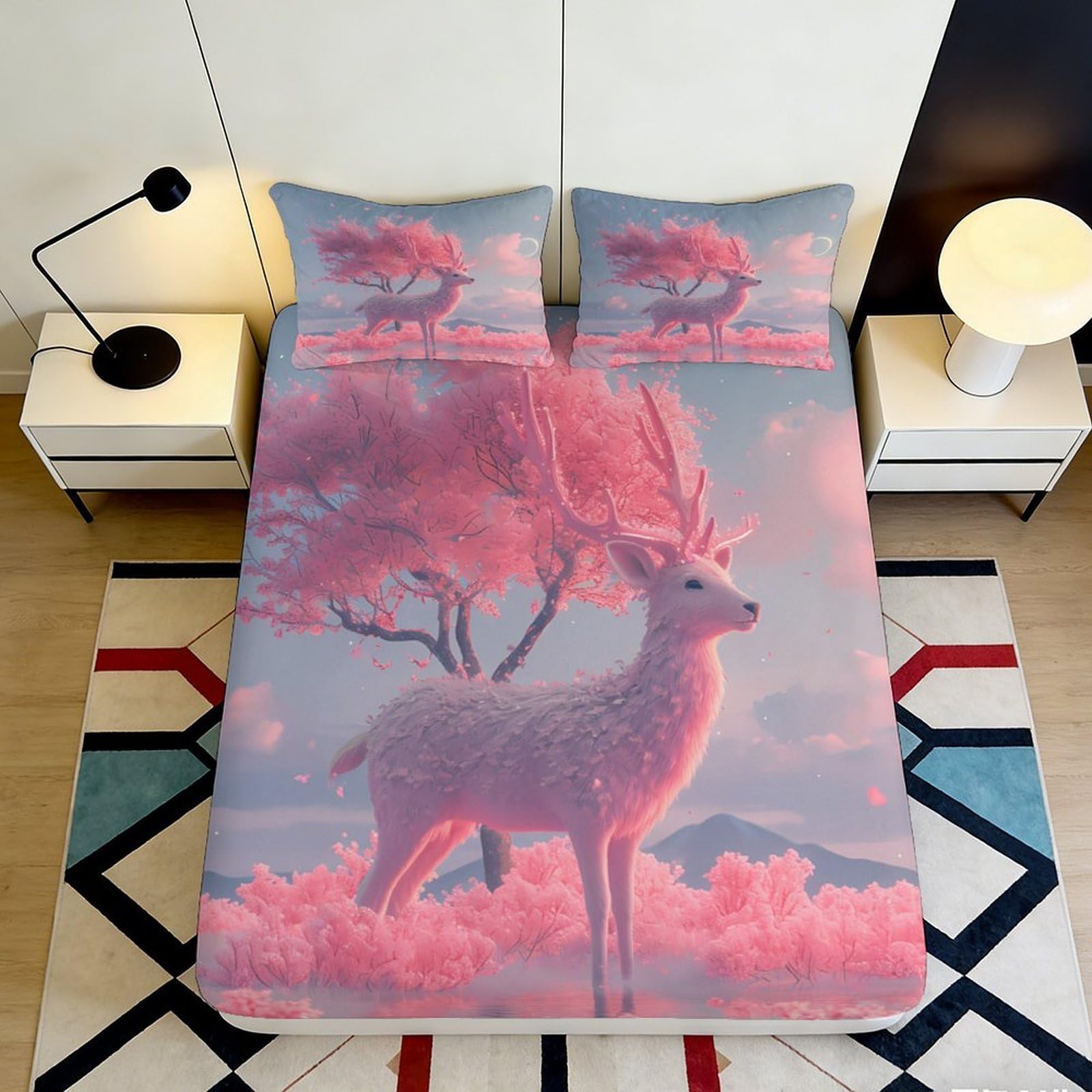 3D Printed Pink Forest Deer Fitted Sheet Microfiber Deep Pocket Elastic Hem Bedroom Bedding Pink Forest Deer Mattress Fitted Cover Washable 200x200x25cm