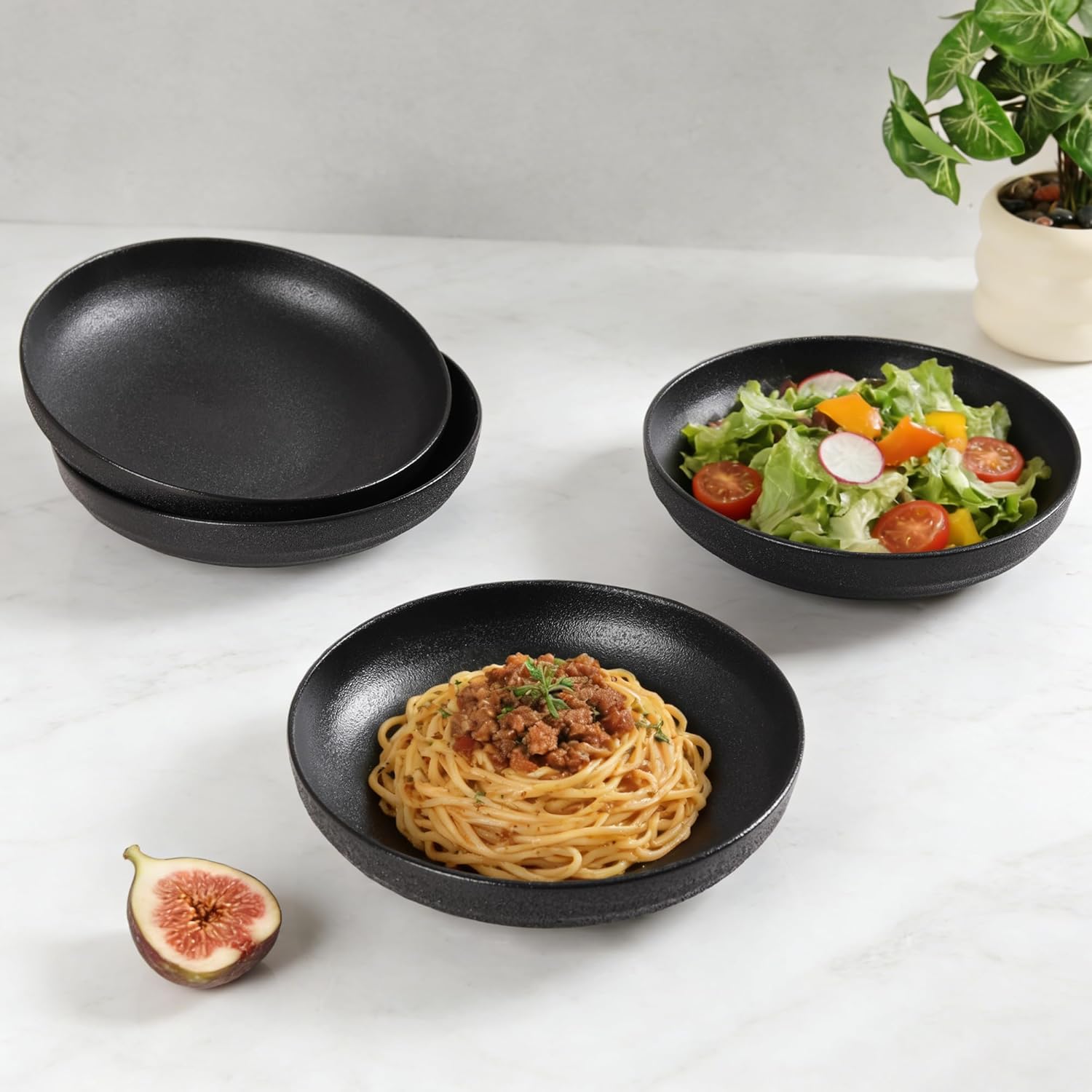 Pasta Bowls Set of 4, Black Matte Ceramic Large Serving Bowls 9 Inch 42oz, Modern Dinnerware Bowl Set, Dishwasher Microwave Safe, Kitchen Bowls for Family Dinner