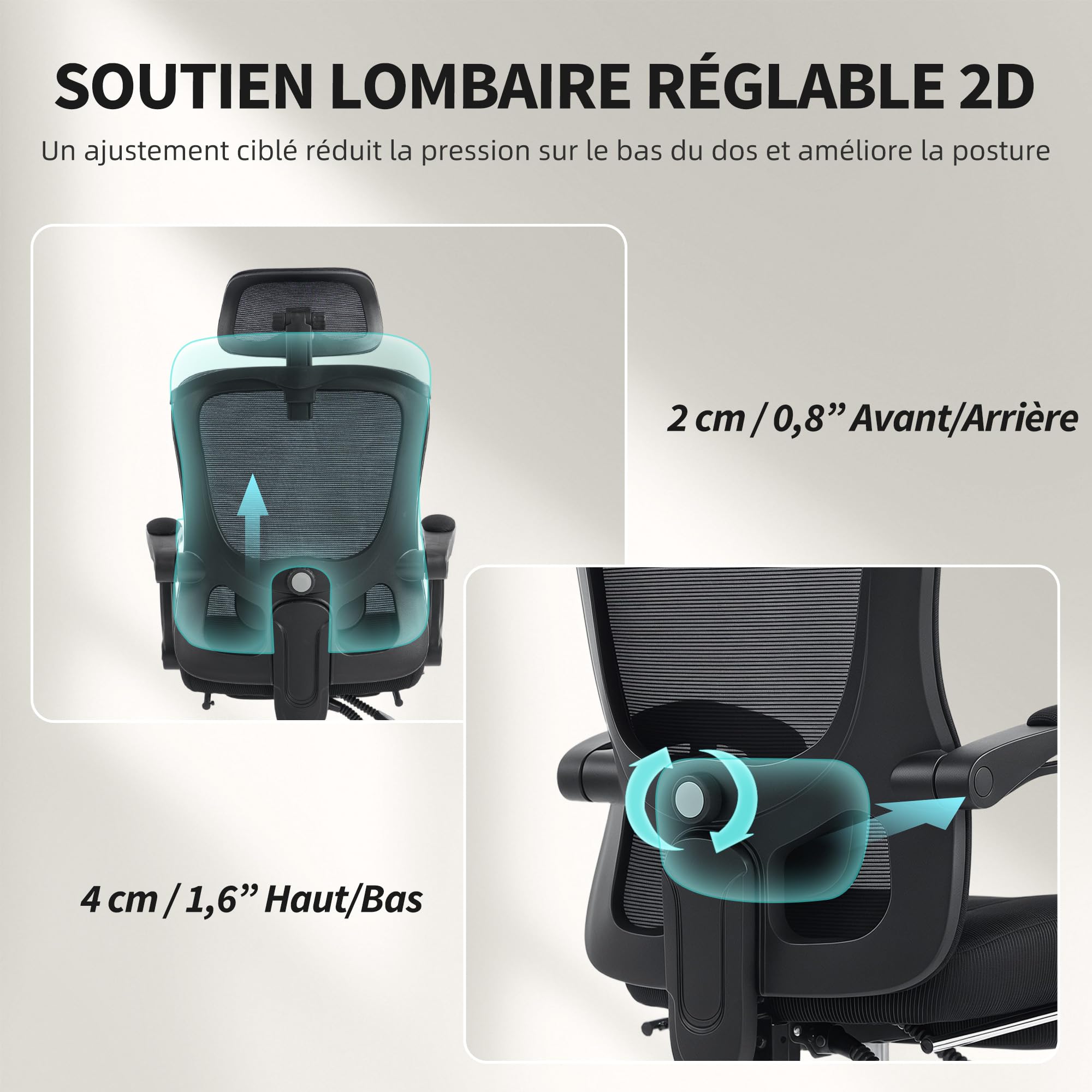 HOMCOM Chaise Bureau Ergonomique, Fauteuil de Bureau en Maille Noir