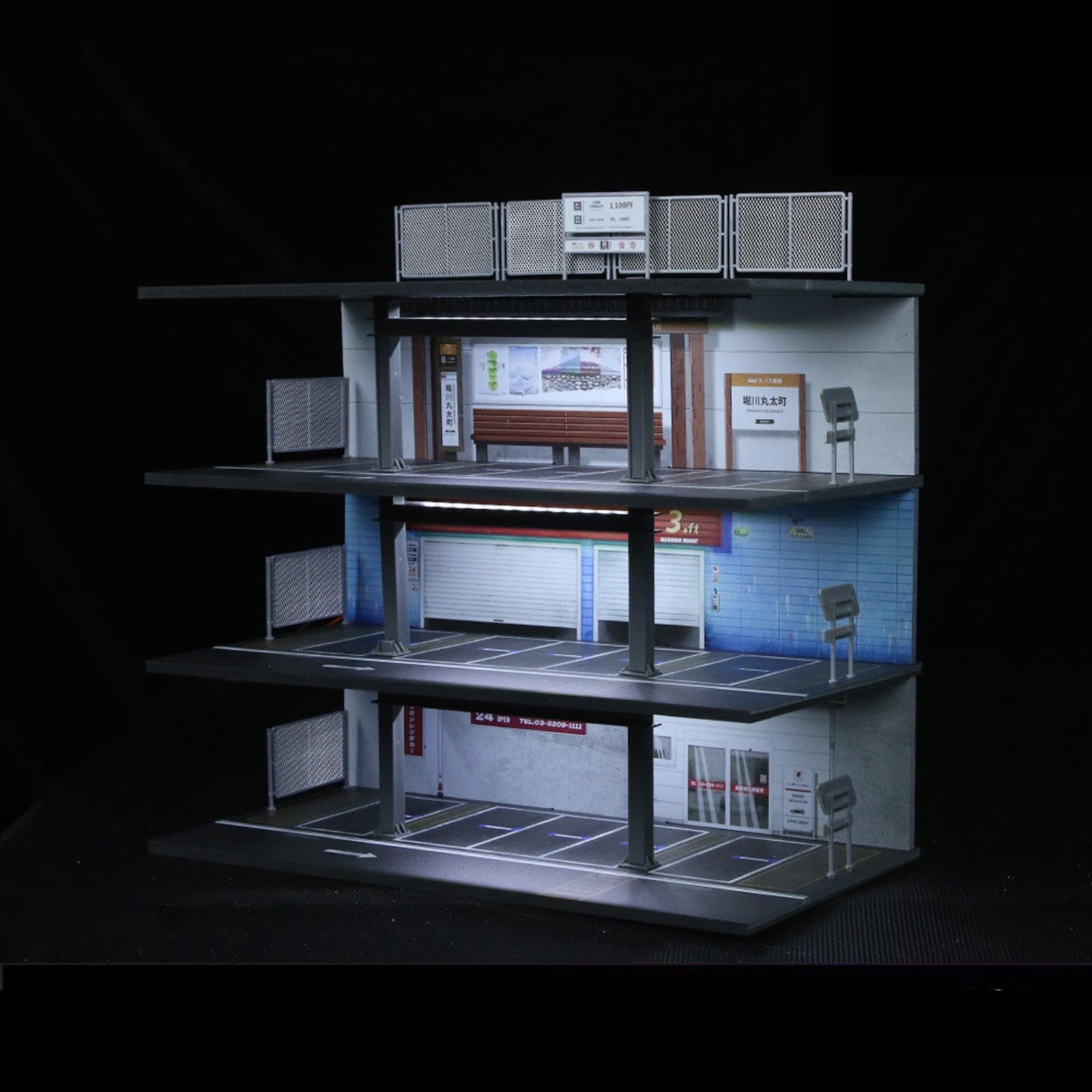 Vitrine für Modellautos, Miniatur Parkplatz Diorama, Spielzeugaufbewahrung mit Beleuchtung, Dekoration, Style B