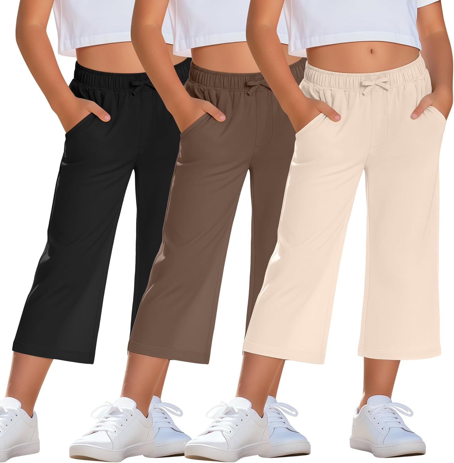 3 Pcs Girls Capri Pants Wide Leg Elastic Drawstring Waisted Baggy Crop Sweatpants School Gym Joggers with Pockets