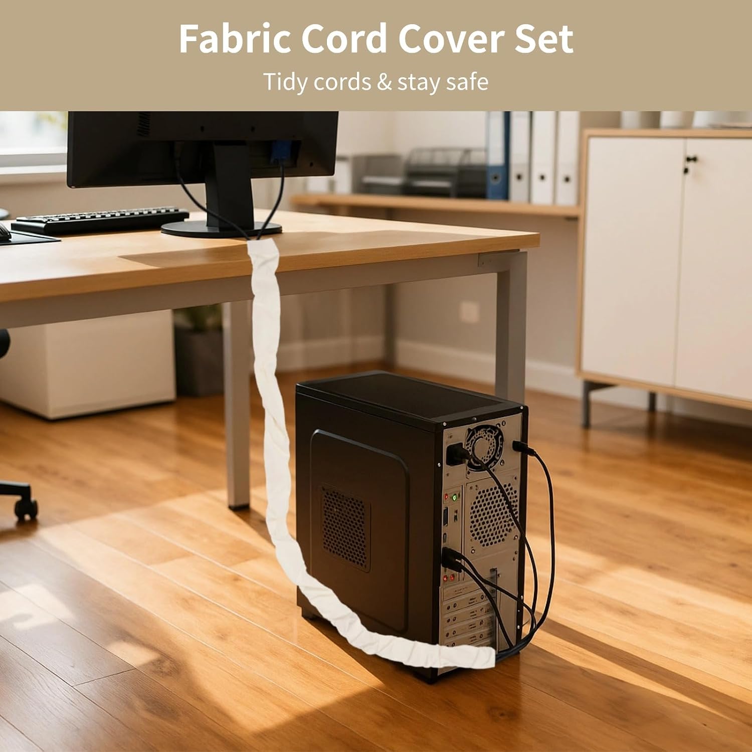 4 Pcs Fabric Cord Cover Set, Includes 47.2 in and 70.9 in Cable Management Sleeves, Beige Cotton Linen Cord Covers for Chandelier Lighting Wires, Easy to Install