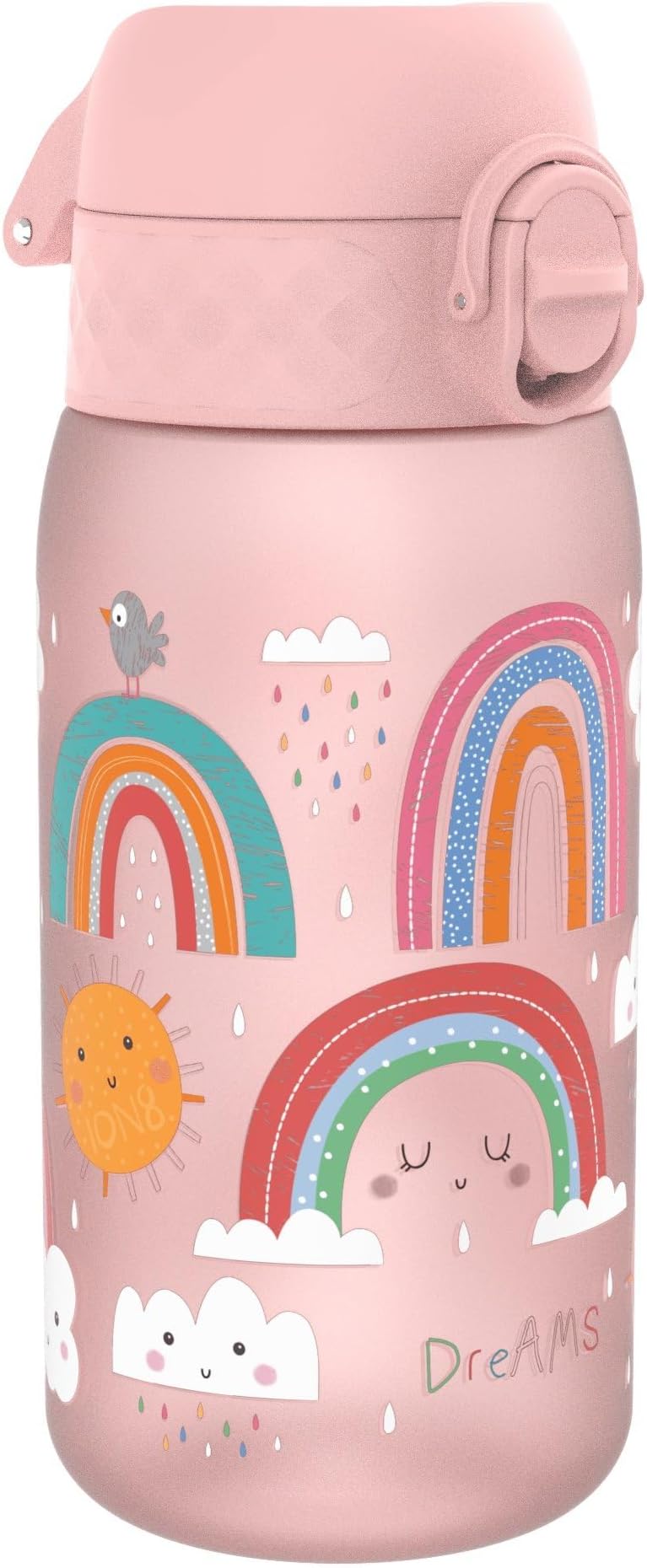 Ion8 Small Water Bottle, Leak Proof, Easy to Open, Secure Lock, Dishwasher Safe, Flip Cover, Carry Handle, Easy Clean, Durable, Water Bottle, Raised Print, Pink, Rainbows