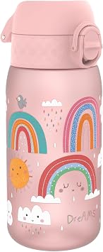 Ion8 Kids Water Bottles, 350ml/12oz, BPA Free, Leakproof, Dishwasher Safe, Easy Open, Secure Lock, Small Boys & Girls Water Bottle,Kids Drinks Bottle for Spill-free Drinking, Light Pink, Rainbows